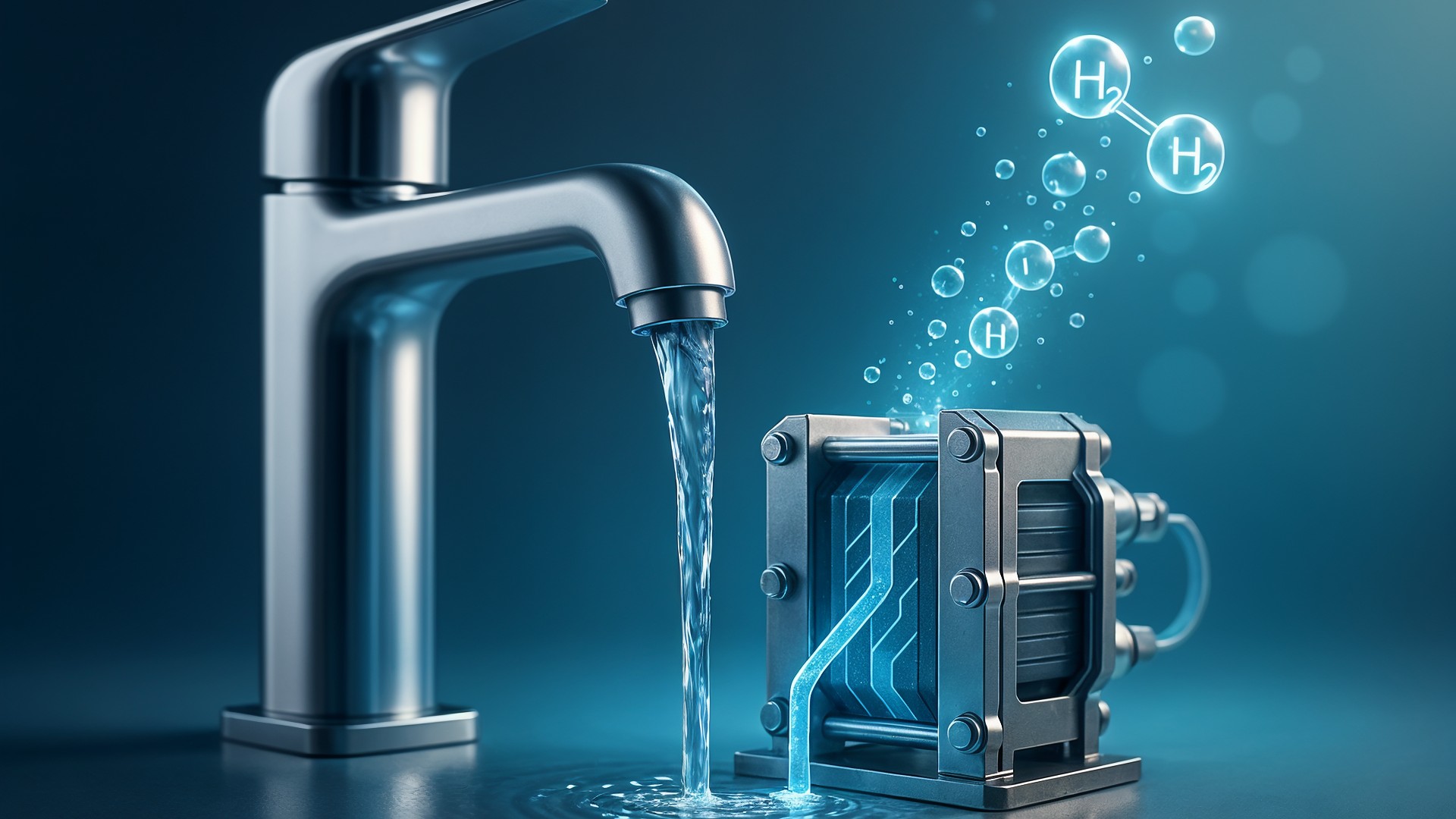 Energiewende, Erneuerbare Energien, Zukunftstechnologie, Umweltfreundlich, Innovative Technologie, Wasserhahn, Elektrolyse, Grüner Wasserstoff, Wasserstoffproduktion, Klimafreundlich, Wasserstoffmoleküle, Saubere Energie, Nachhaltige Energiegewinnung, H2-Technologie, Wasserstoffwirtschaft