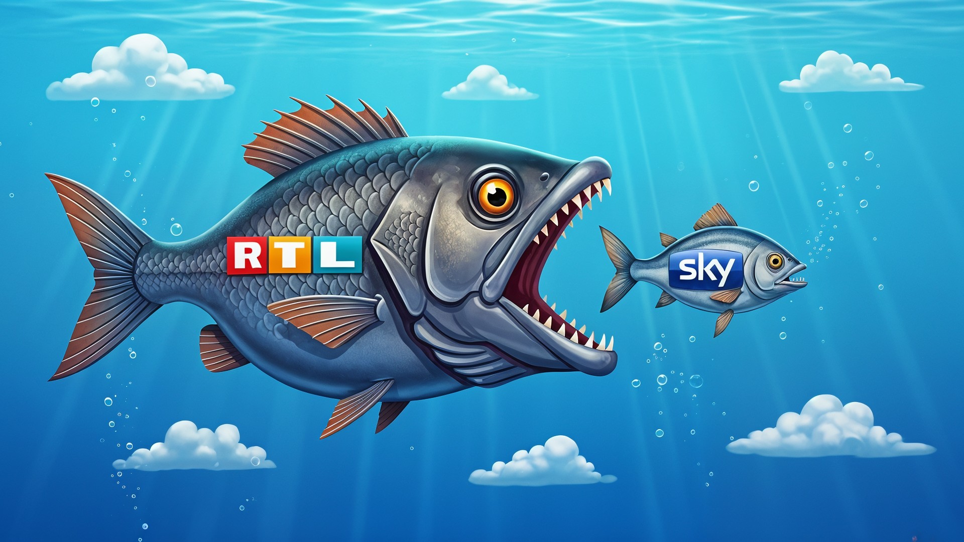 übernahme, Wettbewerb, Sky, Fernsehsender, Rtl, Marktdominanz, Medienübernahme, Medienfusion, Rundfunkkonzerne, Raubfisch, kleiner Fisch, Medienkampf, Digitalkonzerne, Medienkonzentration