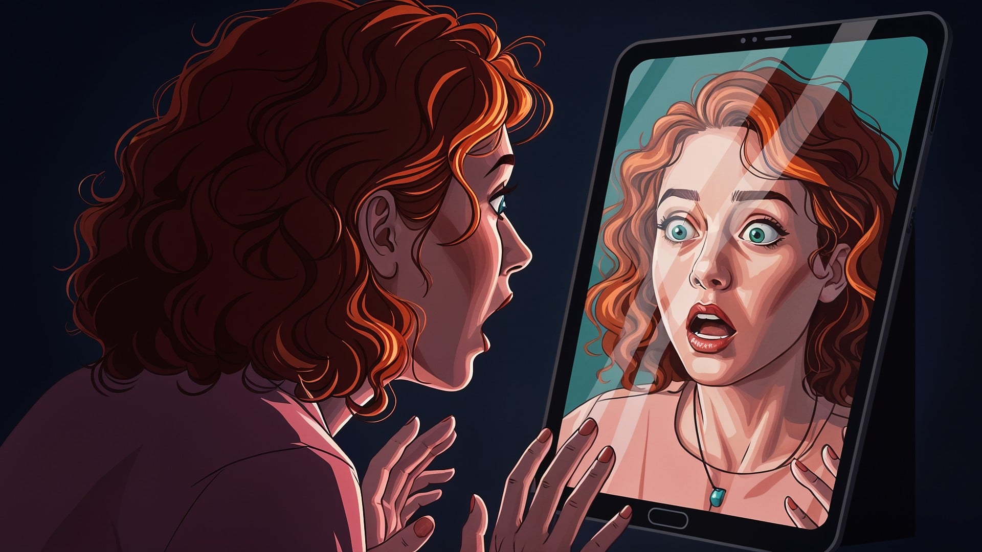 Tablet, Technologie, Videochat, Kopie, Deepfake, Digitale Kommunikation, Spiegelung, Spiegelbild, Gesichtsausdruck, Rothaarige, Selbstbetrachtung