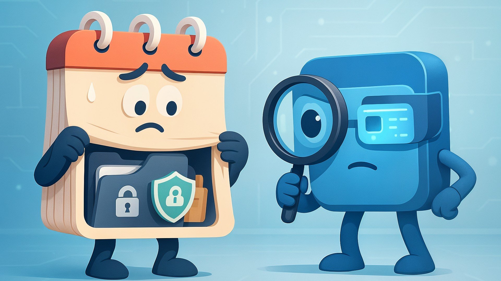 Datenschutz, Cybersicherheit, Datenanalyse, Informationssicherheit, Datenverschlüsselung, Blauer Hintergrund, Tech-Illustration, 3D-Animation, Digitale Bedrohungen, Digitale Überwachung, Cartoon-Charaktere, Kalender-Figur, Lupe-Figur, Dateisicherheit, Datenschutzbedenken