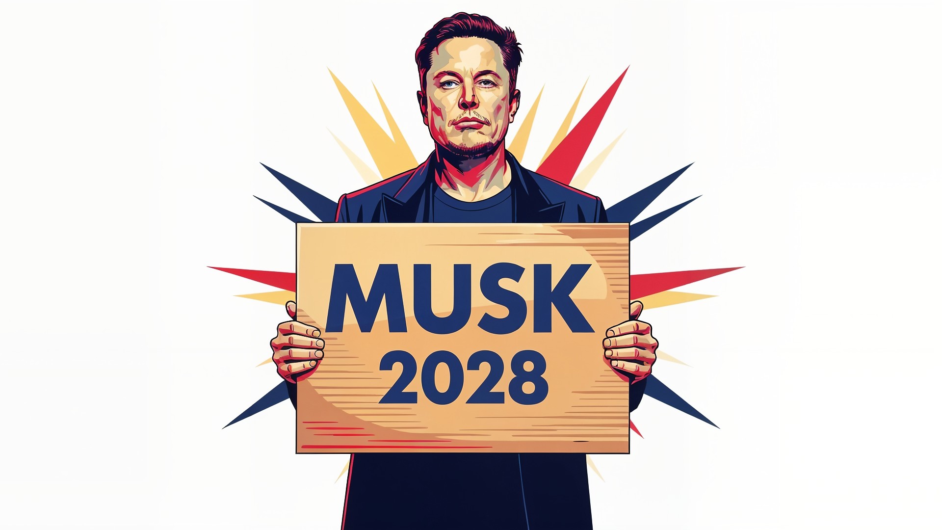 Elon Musk, Musk, US-Wahl, Zukunftsvision, Patriotismus, amerikanische Flagge, Technologie-Unternehmer, Wahlkampagne, Musk 2028, US-Präsidentschaft, Politische Ambitionen, Innovationsführer, Wahlkampfschild, Us-wahlen 2028