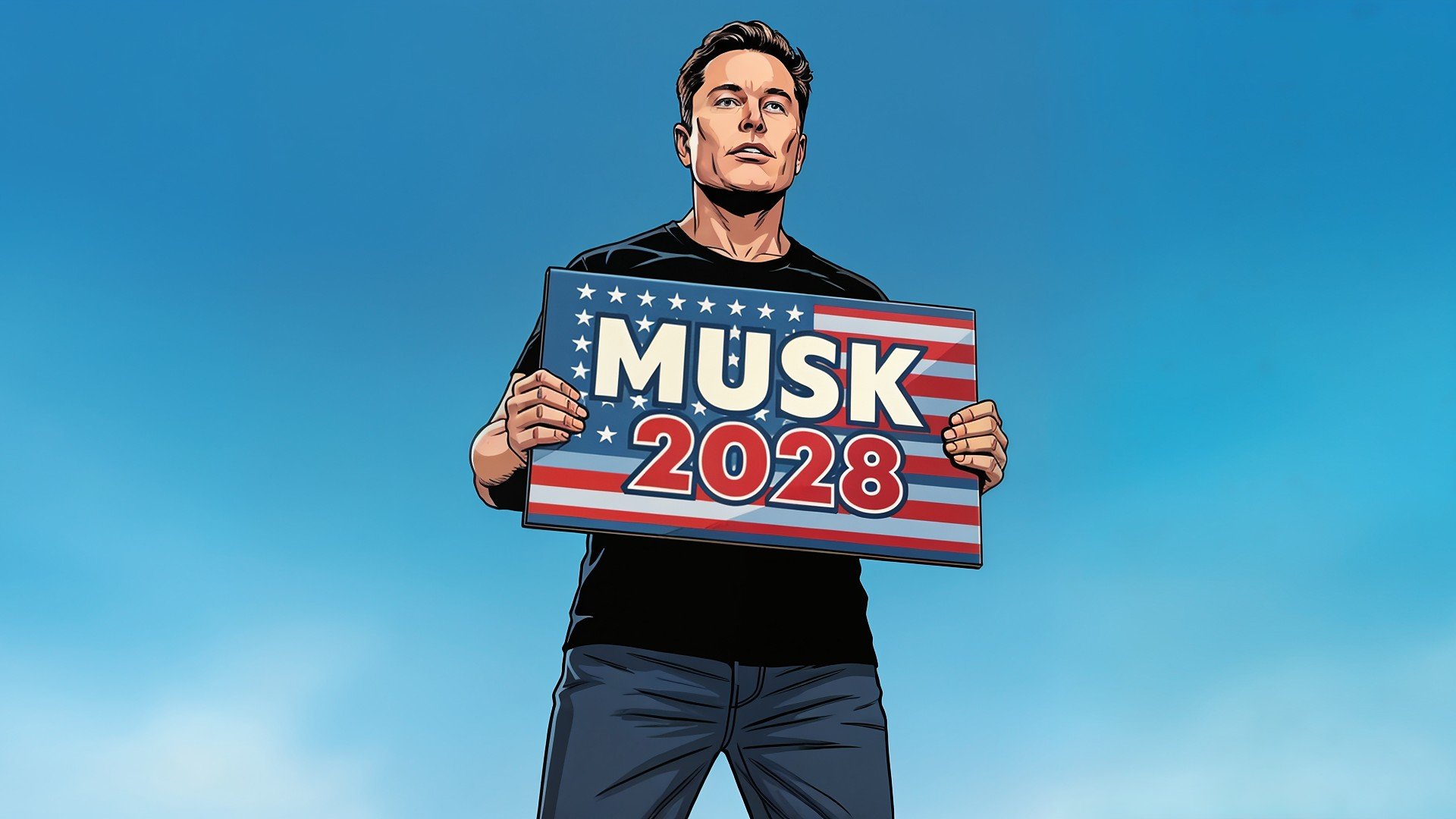Elon Musk, Musk, US-Wahl, Comic-Stil, Zukunftsvision, Patriotismus, Digitale Illustration, amerikanische Flagge, Blauer Hintergrund, Technologie-Unternehmer, Wahlkampagne, Schwarzes T-Shirt, Musk 2028, US-Präsidentschaft, Politische Ambitionen, Innovationsführer, Wahlkampfschild, Us-wahlen 2028