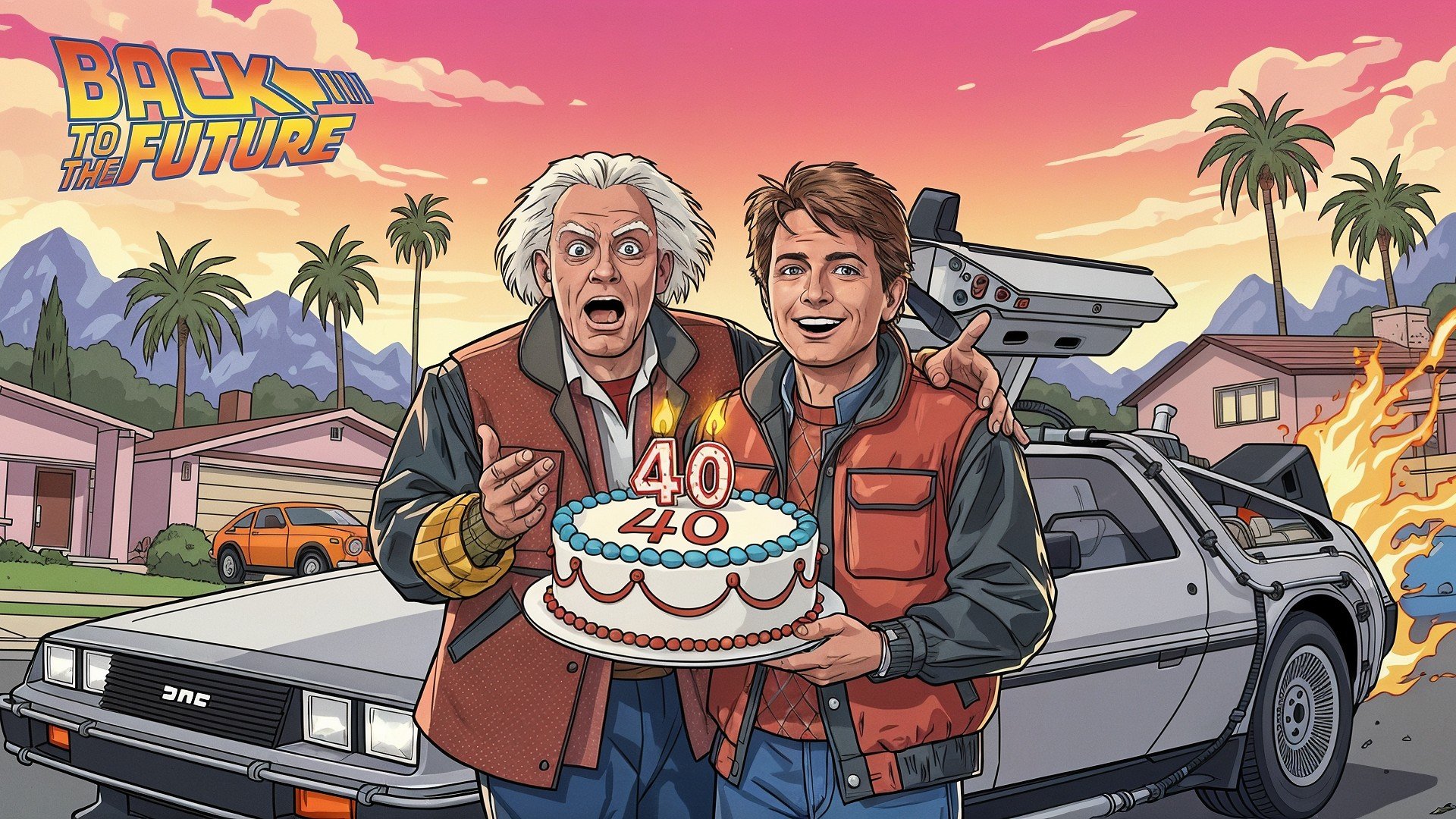 Jubiläum, Kalifornien, Science-Fiction, Sonnenuntergang, Zurück In Die Zukunft, Delorean, Geburtstagstorte, 40 Jahre, Marty McFly, Palmen, Kultfilm, Zeitmaschine, Doc Brown, 1980er, Flammenspuren