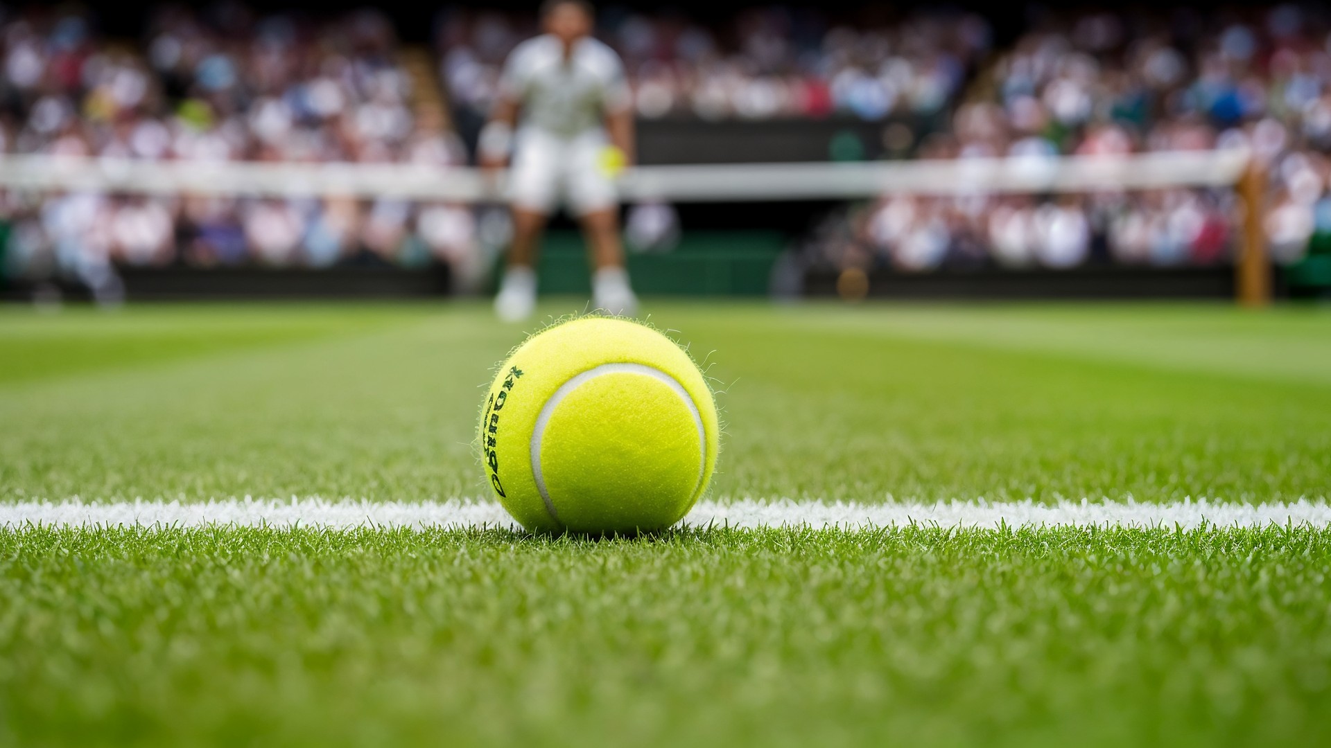 Wettkampf, Rasenmäher, Wimbledon, Aufschlag, Spielfeld, Tennisball, Rasenplatz, Grandslam, Tennisturnier, Profisport, Sportfotografie, Netzlinie, Zuschauertribüne, Ballsport, Slazenger