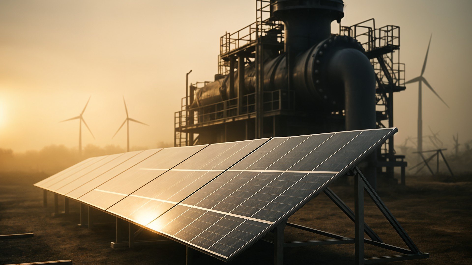 Energiewende, Erneuerbare Energien, Photovoltaik, Solarenergie, nachhaltigkeit, Kraftwerk, Windenergie, Sonnenuntergang, Gas, Solarmodule, Industrieanlage, Windräder, Energietechnik, Energiemix, Energieproduktion, Industrielandschaft, Gasturbine