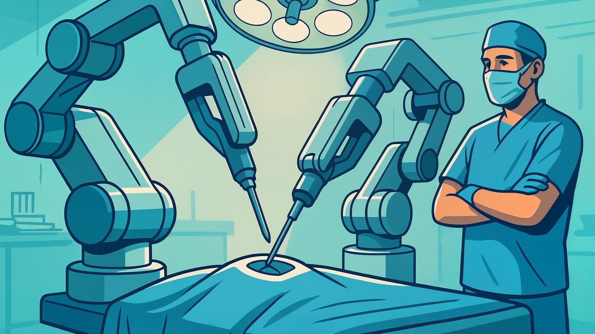 Künstliche Intelligenz, Medizintechnik, Medizinische Innovation, Roboterarm, Chirurg, digitale Gesundheit, Hightech-Medizin, Operationssaal, Roboterchirurgie, OP-Roboter, Minimalinvasive Chirurgie, Präzisionschirurgie, Zukunft der Medizin, Medizinroboter, Medizinische Automatisierung