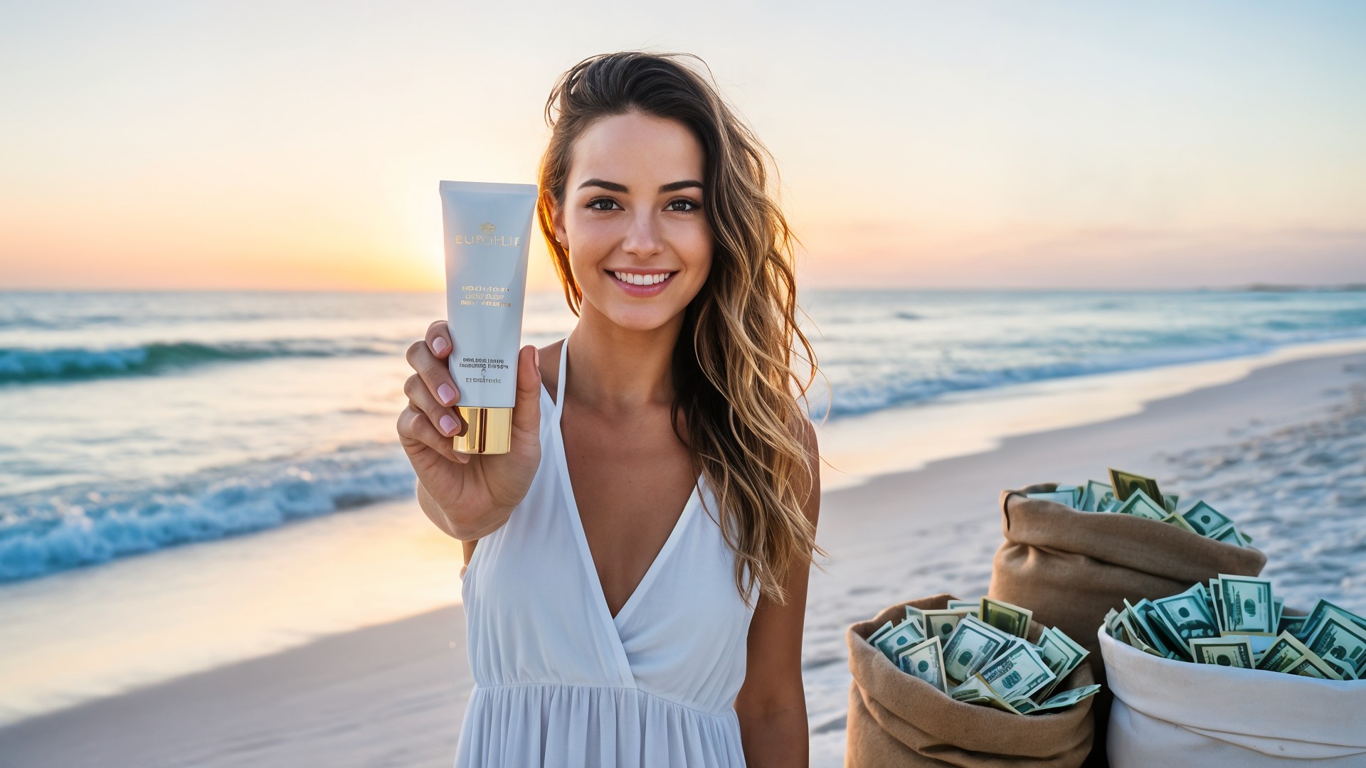 Meer, Influencer, Sonnenuntergang, Strand, Reichtum, Lifestyle, Sonnencreme, Influencer-Marketing, Produktpräsentation, Sommerurlaub, Strandwerbung, Luxuskosmetik, Geldsäcke, weißes Kleid, Schönheitspflege, Hautschutz