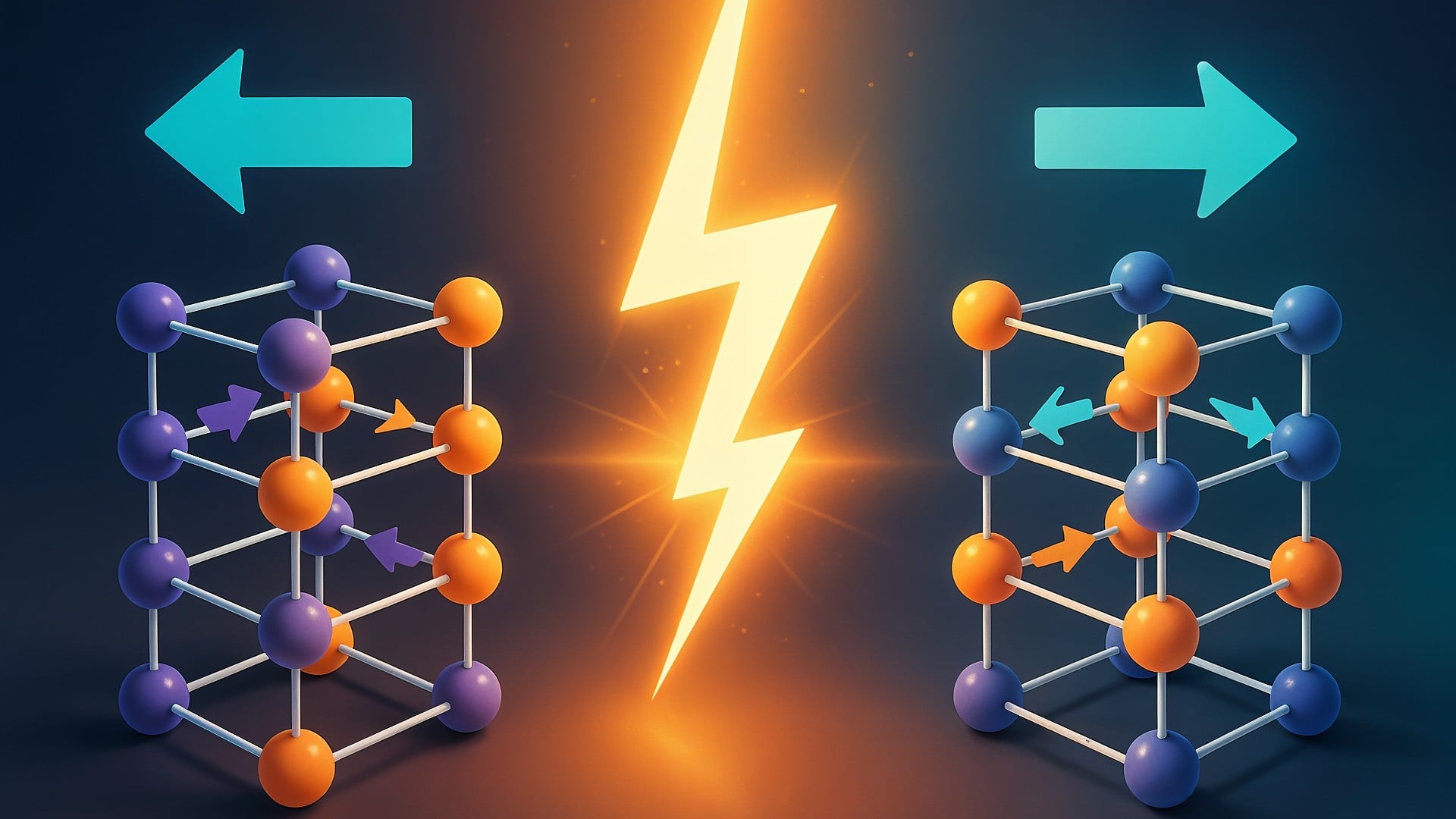 Speicher, Technologie, Innovation, Zukunftstechnologie, Quantenphysik, Blitz, Magnet, Teilchenphysik, Magnetismus, Elektrizität, magnetisch, Wissenschaftliche Illustration, 3D-Darstellung, Speichertechnologie, Energieübertragung, Energiefluss, Nanostrukturen, Atomstruktur, Molekülstruktur, Pfeile