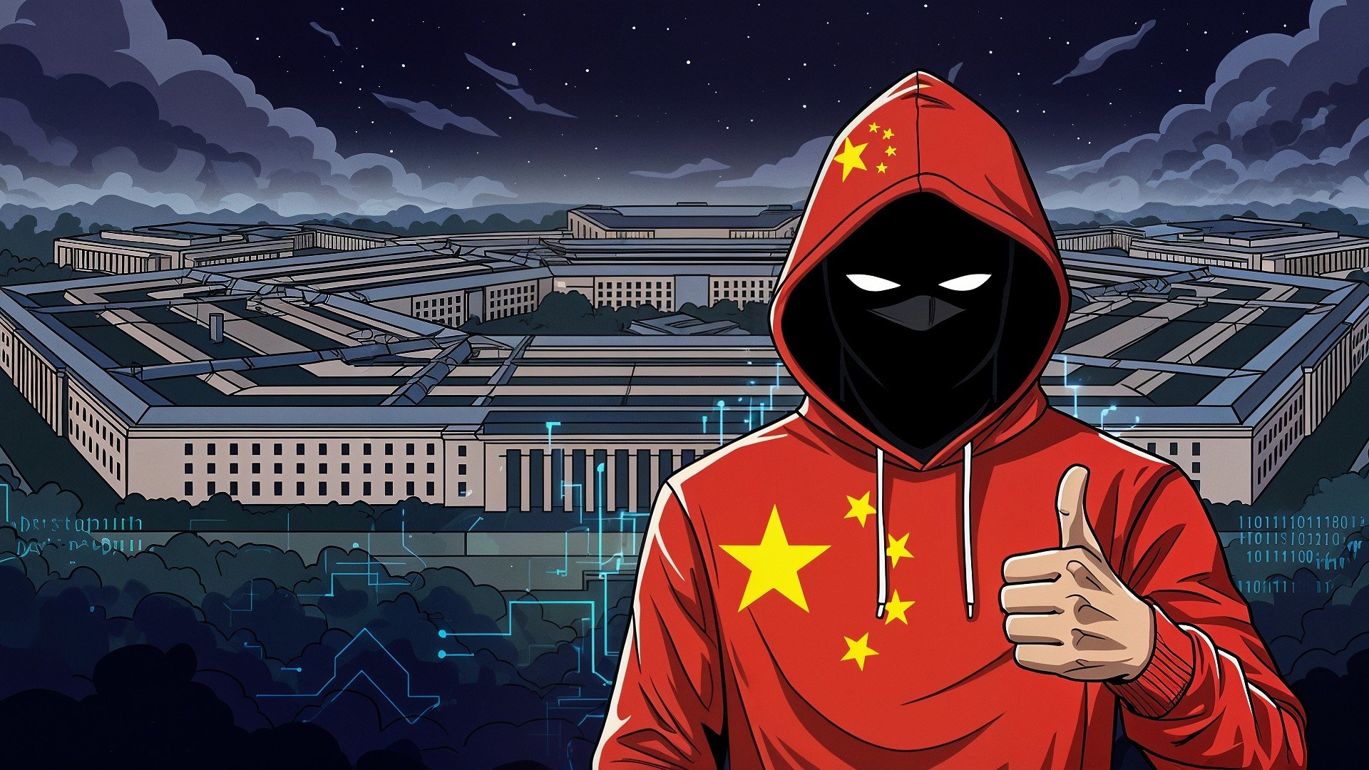 Hacker, China, Technologie, Datendiebstahl, Geheimdienst, Spionage, Hackerangriff, Cybersicherheit, Cyberangriff, Cyberkriminalität, Pentagon, Illustration, Nationale Sicherheit, Nachtszene, chinesischer Hacker, Hackerkapuze, USA-China-Beziehungen, digitale Bedrohung
