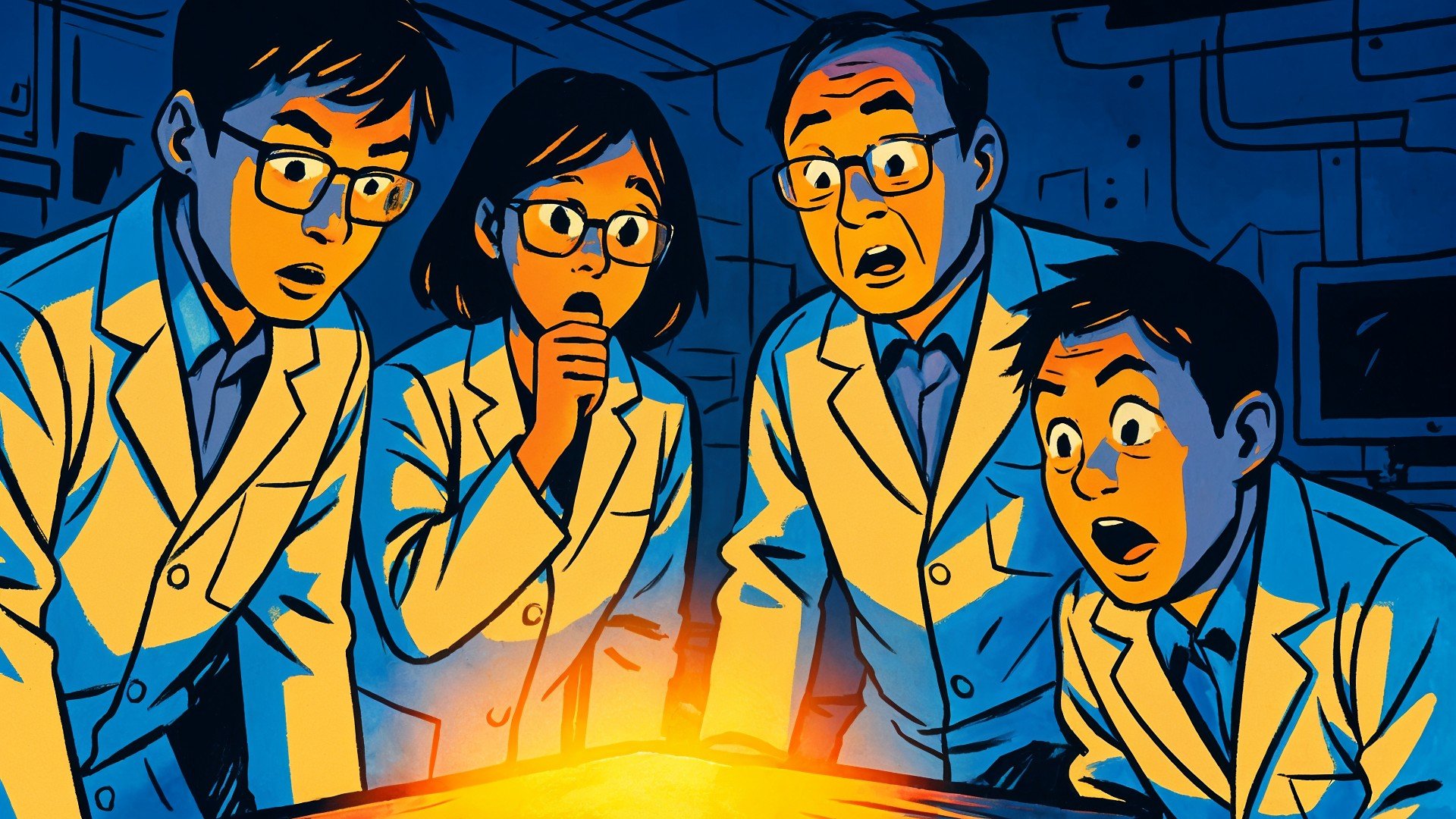 Forschung, Technologie, Innovation, Wissenschaftler, Experiment, Illustration, Entdeckung, Überraschung, Durchbruch, Comic-Stil, Laborkittel, Brillen, Neonfarben, Laboratorium, Gruppenarbeit