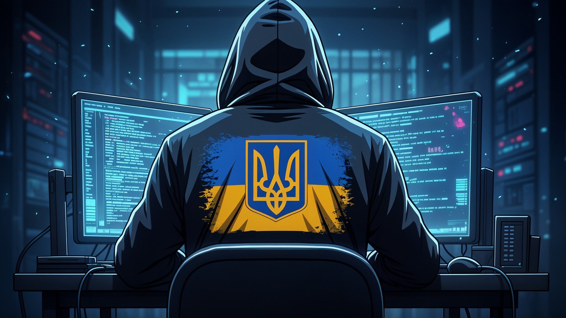 Sicherheit, Hacker, Hack, Datendiebstahl, Hacking, Hackerangriff, Ukraine, Cybersicherheit, Ukraine-Krieg, Cyberangriff, Netzwerksicherheit, Serverraum, Hoodie, Computerbildschirme, Dunkler Raum, Ukrainischer Hacker, IT-Armee, Digitaler Krieg, Ukraine-Flagge, Wappen der Ukraine, Codierung