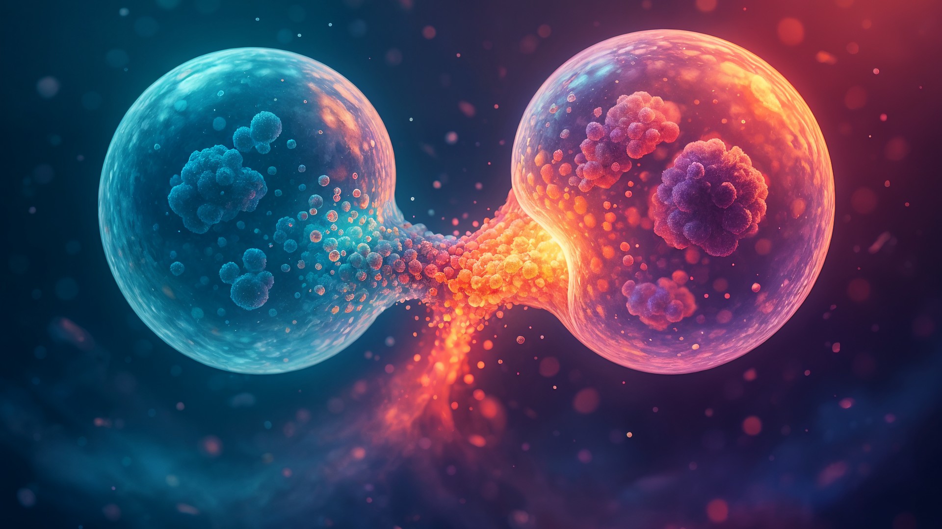 Genetik, 3D-Rendering, Biotechnologie, Zellbiologie, Wissenschaftsvisualisierung, Molekularbiologie, Medizinische Illustration, Mikroskopie, Zellteilung, Abstrakte Darstellung, Farbkontrast, Zellforschung, Mitose, Zellkerne, Blau-Rot-Farbschema