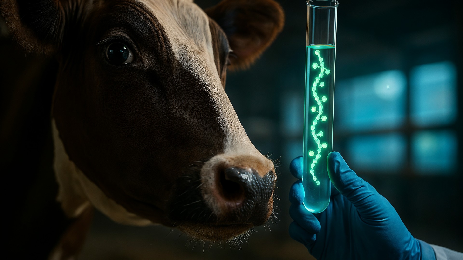 Wissenschaft, Genetik, Landwirtschaft, Biotechnologie, Medizinische Forschung, Molekularbiologie, Kuh, Reagenzglas, Gentechnik, Glühen, Genmanipulation, Lebensmittelforschung, DNA-Forschung, Tierversuch, Labortechnik