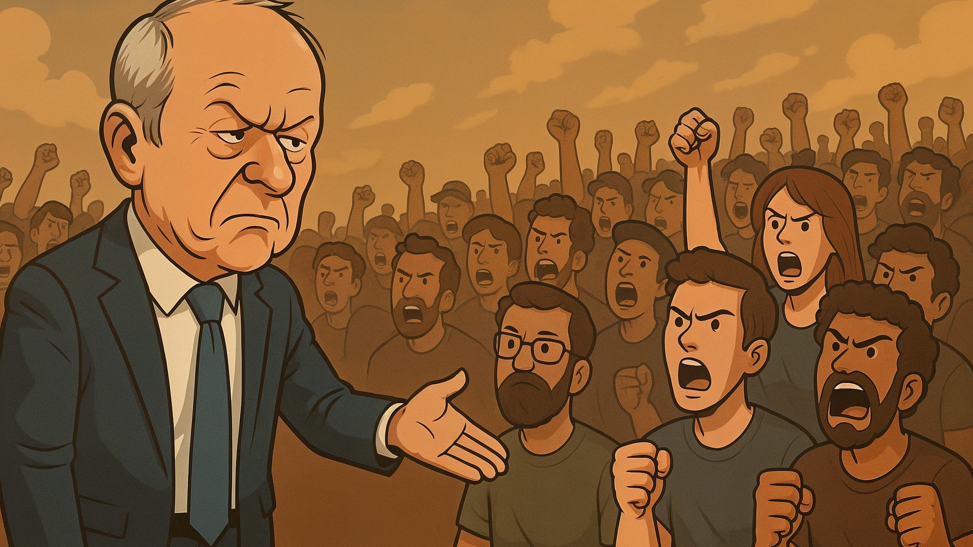 Ubisoft, Politik, Protest, Demonstration, Politiker, Illustration, Cartoon, Konflikt, Menschenmenge, Wut, Aufstand, Aktivismus, Stop Killing Games, Unzufriedenheit, Generationenkonflikt, Gesellschaftskritik, Fäuste