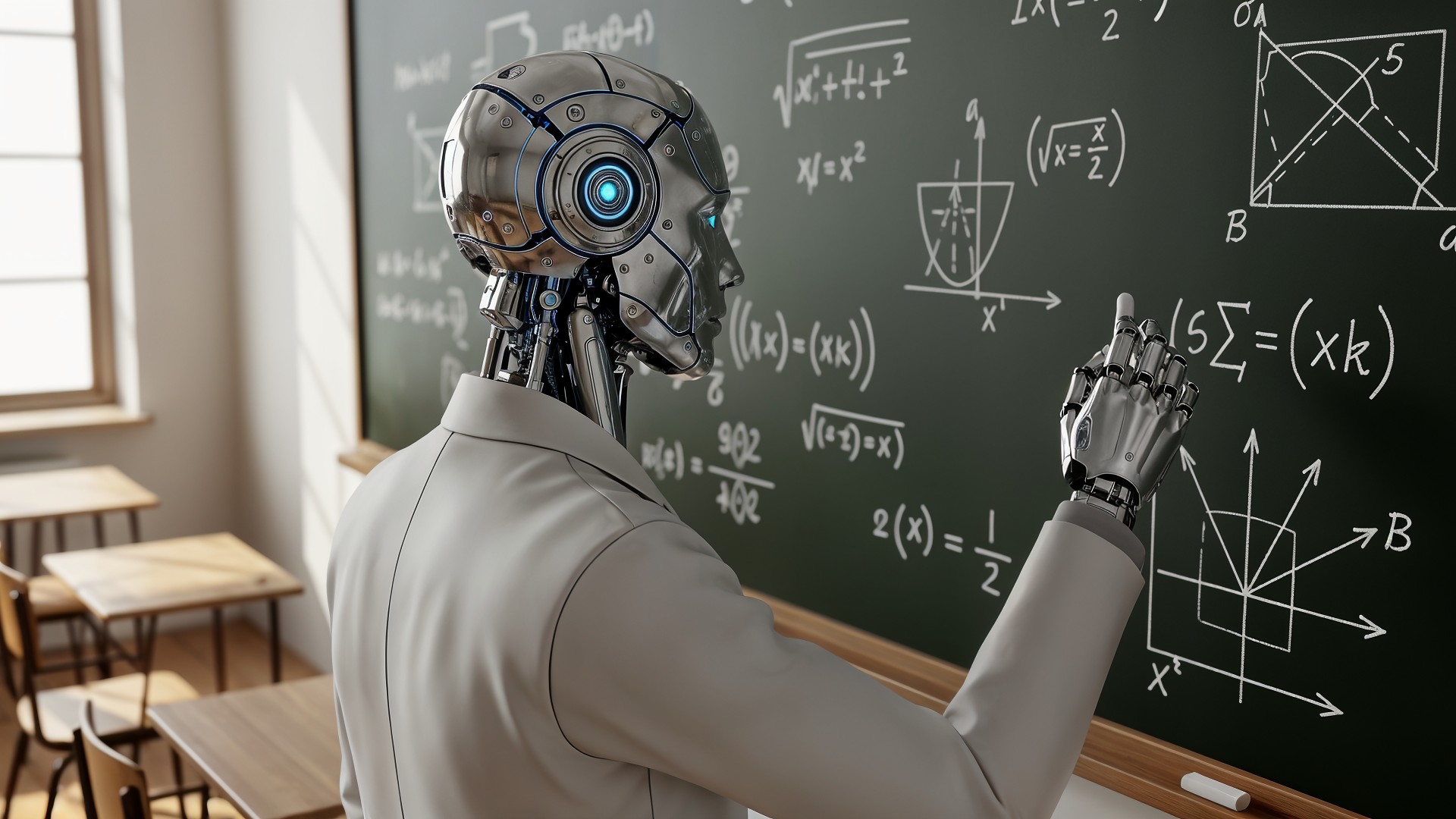 Ki, Künstliche Intelligenz, AI, Artificial Intelligence, Robotik, Digitale Transformation, Tafel, Bildungstechnologie, Digitale Bildung, MINT-Bildung, KI im Unterricht, Roboterlehrer, Mathematikunterricht, Schulzimmer, Mathematische Formeln, Zukunft des Lernens, Technologie im Klassenzimmer, Innovative Lehrmethoden