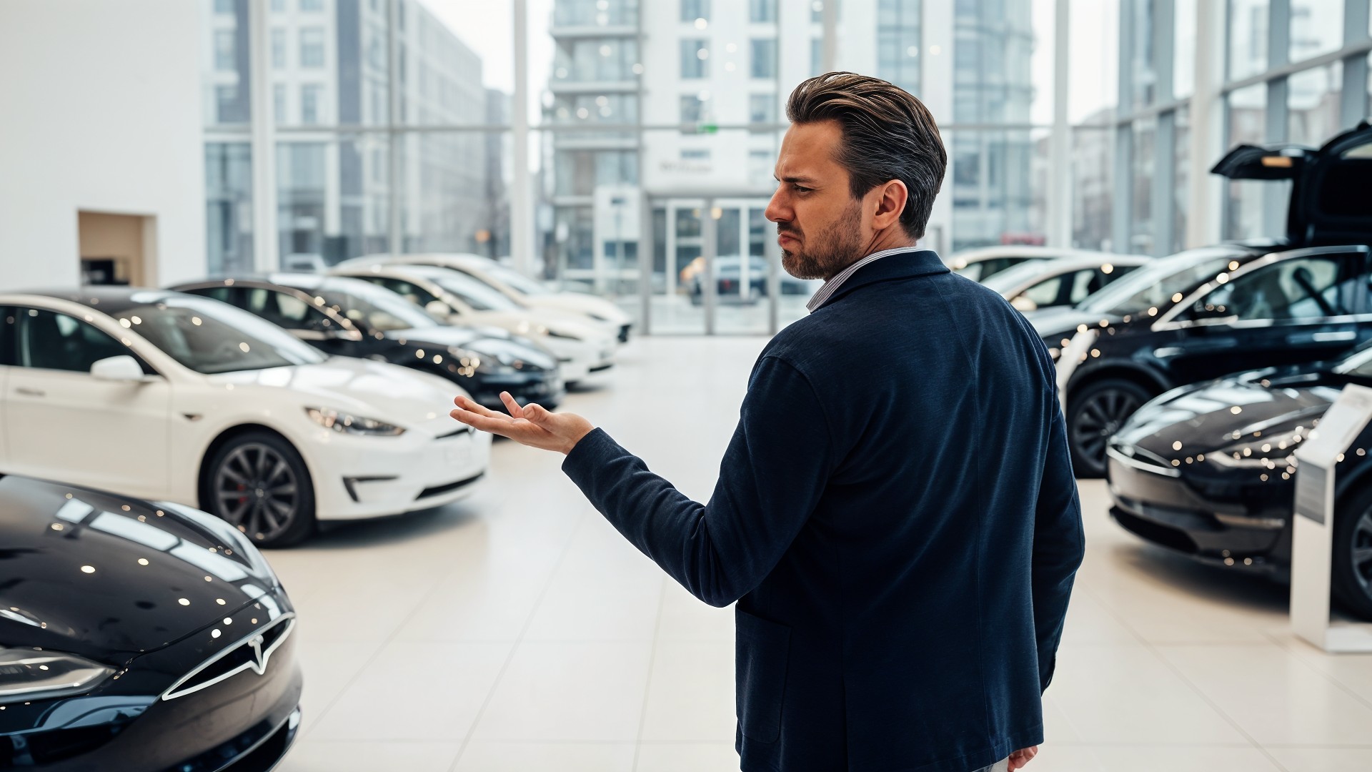 Elektroautos, tesla, Anzug, Image, Geschäftsmann, Ablehnung, Autohändler, Imageschaden, Autoverkauf, Kundenberatung, Autohaus, Gestik, Automarken, Tesla-Showroom, Verkaufsgespräch, Verkaufsraum