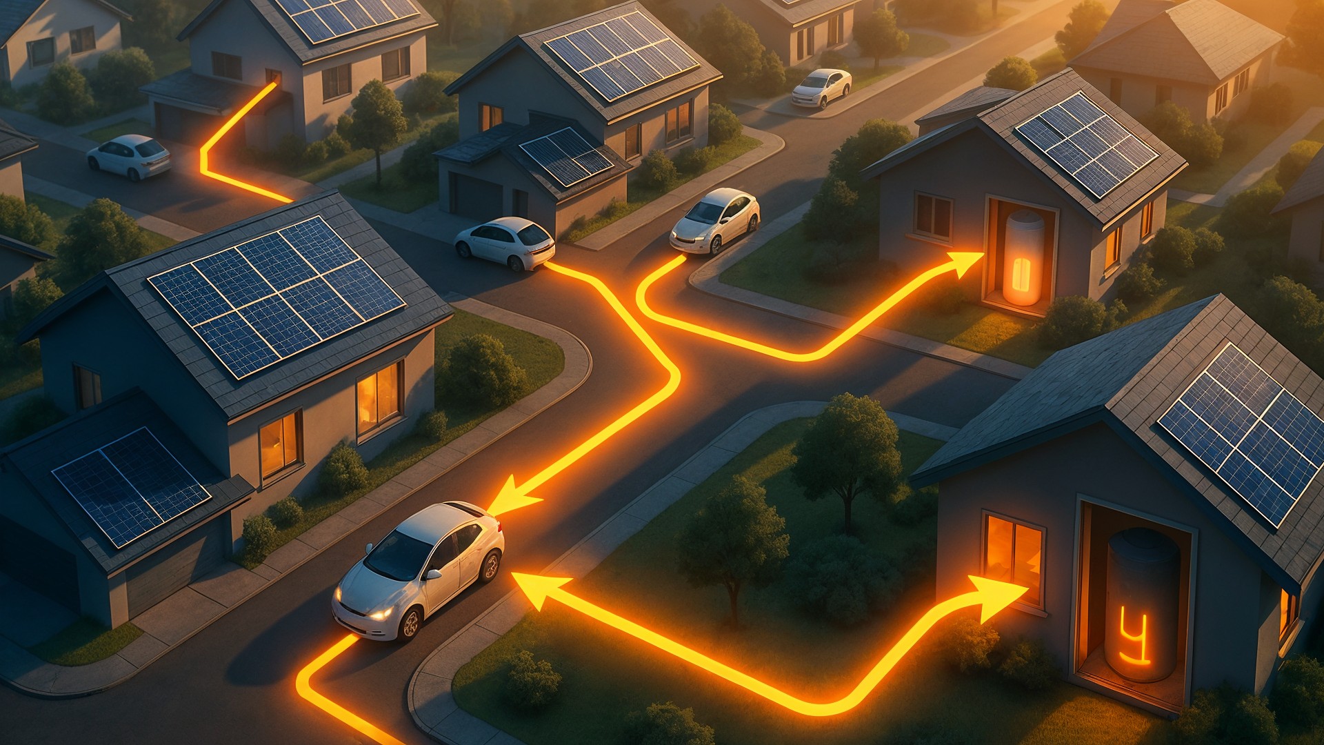 Elektroautos, Elektromobilität, Erneuerbare Energien, Energieeffizienz, Solarenergie, Stromnetz, nachhaltigkeit, Energiemanagement, Energiefluss, Smart Grid, Energiespeicherung, Solarpanels, Energieverteilung, Wohnsiedlung, Netzintegration