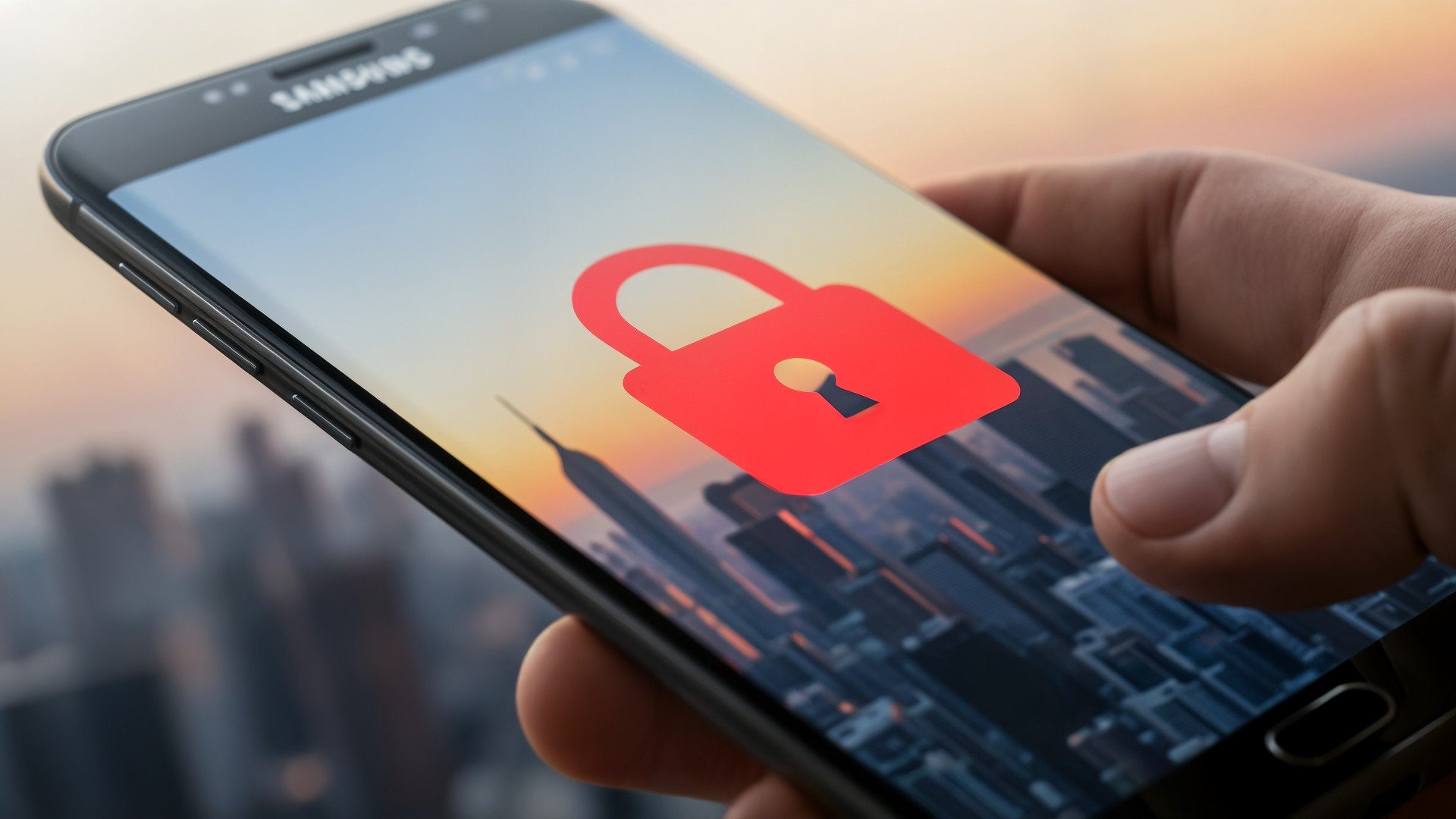 Android, Sicherheit, Samsung, Datenschutz, Verschlüsselung, Sperre, Bootloader, Sonnenuntergang, Schloss-Symbol, One UI 8, Smartphone-Sicherheit, Mobilgerät, Datenverschlüsselung, Stadtbild, passwortschutz, App-Sicherheit, Cyber-Sicherheit, Digitaler Schutz, Mobilfunksicherheit