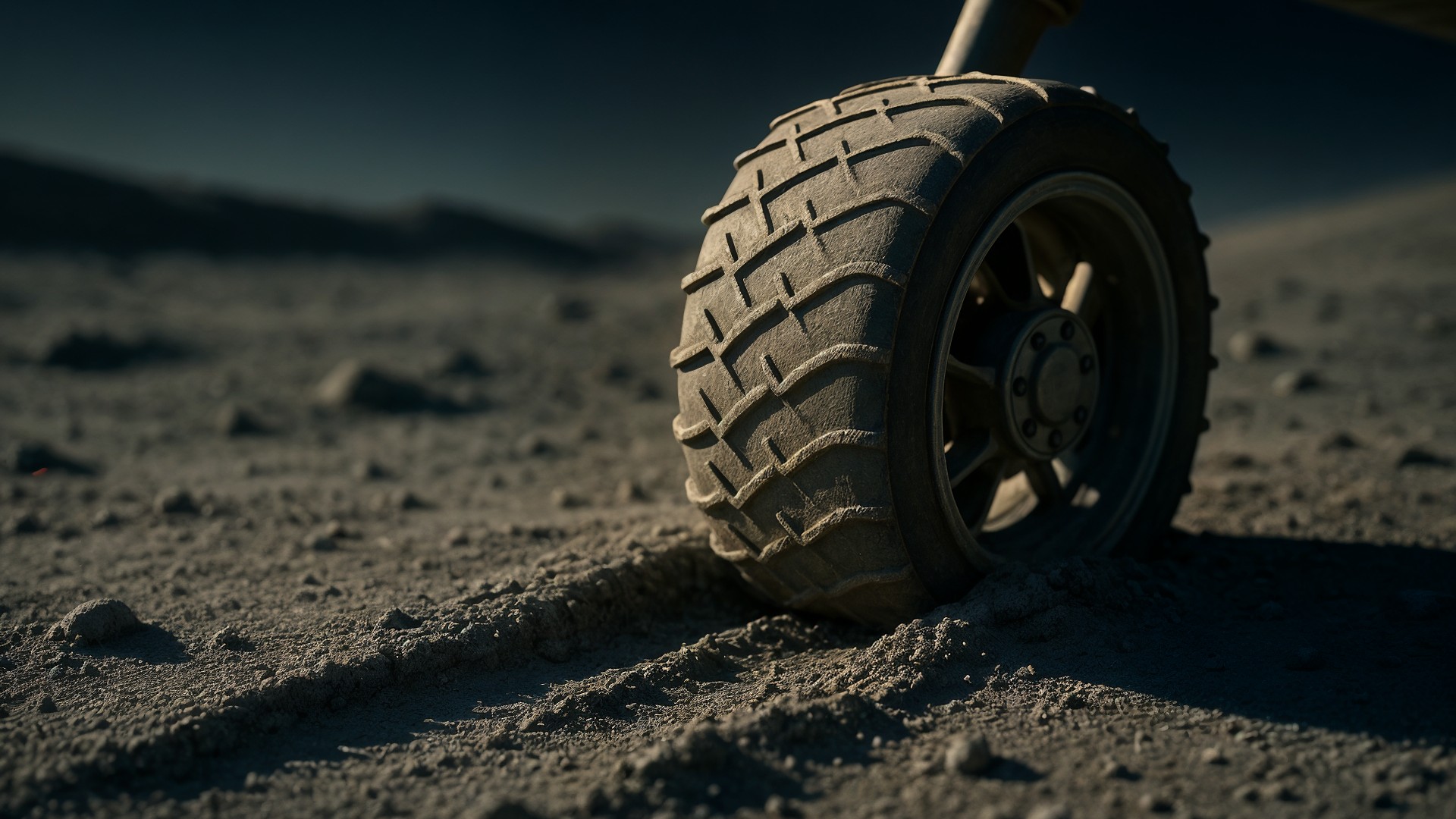 Wissenschaft, Raumfahrt, Technologie, Robotik, Planetenforschung, Weltraummission, Raumfahrttechnik, Erkundung, Marsgestein, Marsrover-Rad, Geländereifen, Sandwüste, Außerirdische Umgebung, Grobstollenreifen, Ödlandschaft