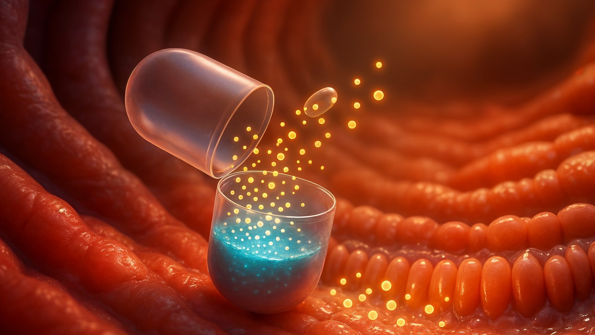 Zellbiologie, Medizinische Forschung, Nanopartikel, Medizinische Illustration, Mikroskopische Ansicht, Biomedizin, Medikamentenverabreichung, Medikamentenkapsel, Darmzotten, Wirkstofffreisetzung, Medizintechnologie, Darmgewebe, Körperinneres, Pharmakologie, Innovativer Wirkstofftransport