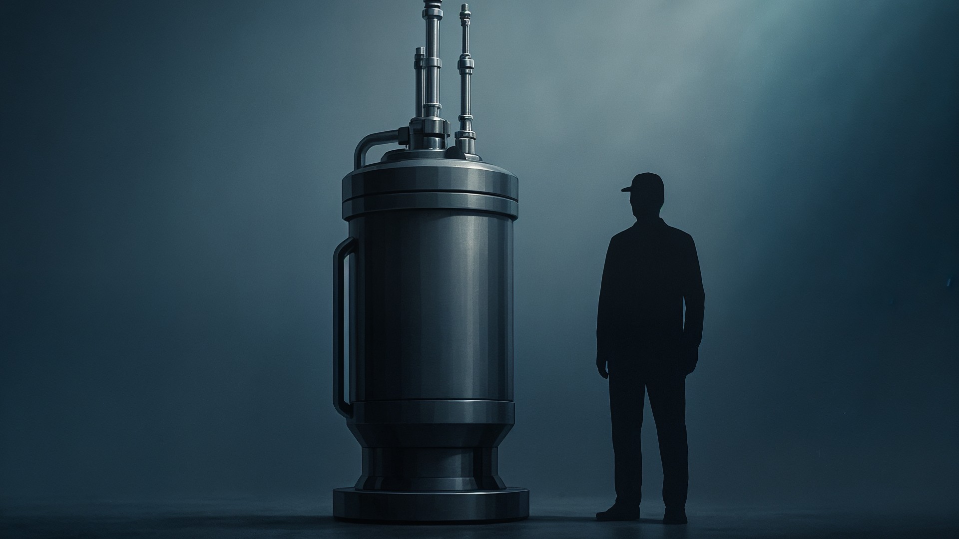 Zukunftstechnologie, Atomkraft, Energiegewinnung, Industrieanlage, Kernenergie, Industriedesign, Technische Illustration, Energieinnovation, düstere Atmosphäre, Größenvergleich, Reaktortechnologie, Kernreaktor, Miniaturreaktor, Silhouette, Blauer Farbton