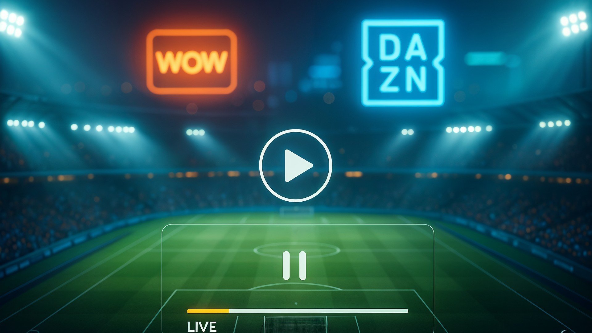 Wow, Waipu.tv, Dazn, Livestreaming, Sportübertragung, Digitale Medien, Neonbeleuchtung, Sportrechte, Streaming-Plattformen, Fußballübertragung, Sportstreamingdienste, Stadionatmosphäre, Fußballfeld, Zuschauerränge, Flutlicht, Sportunterhaltung