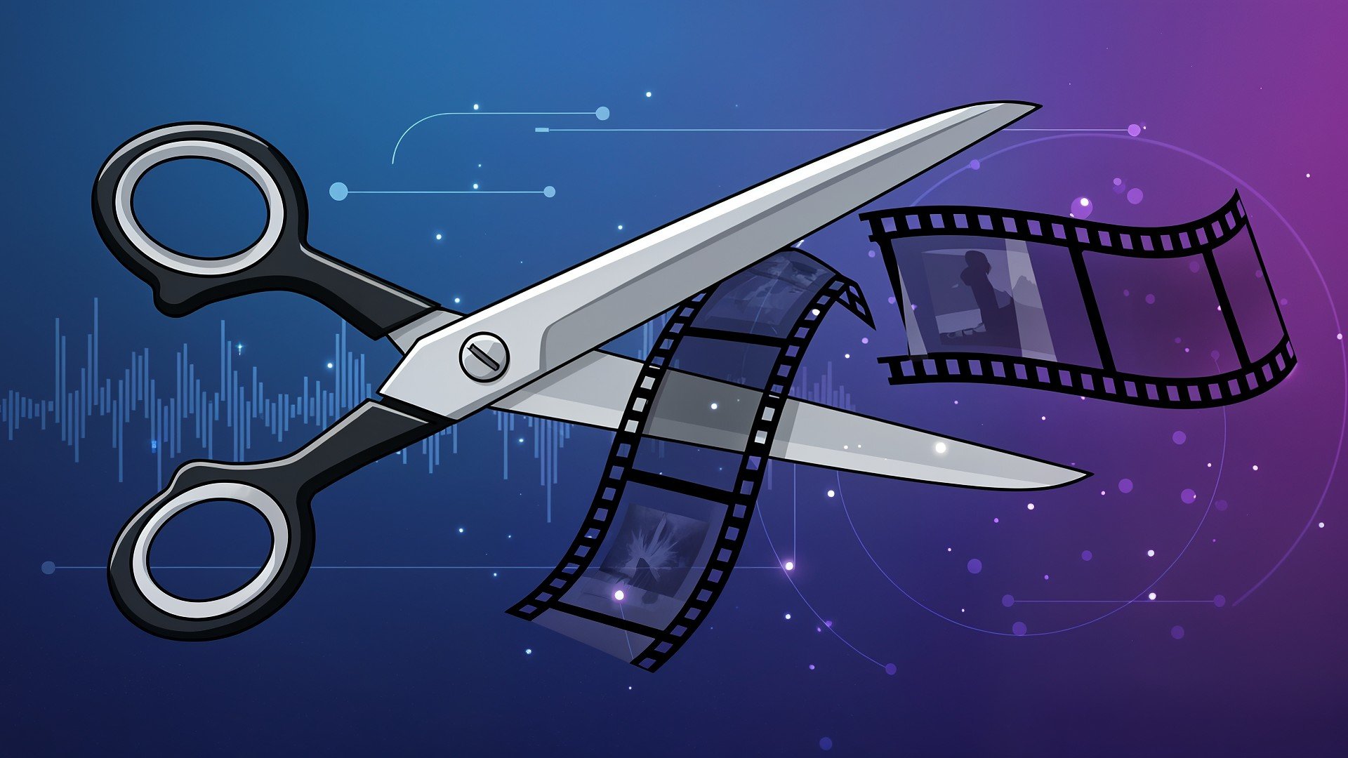 Videobearbeitung, Filmschnitt, Videotechnik, Visuelle Effekte, Schere, Filmtechnologie, KI-Videooptimierung, Digitale Medienproduktion, Filmstreifen, Audiovisualisierung, Postproduktion, Multimedia-Editing, Digitale Effekte, Kreative Videoproduktion, Medienkompression