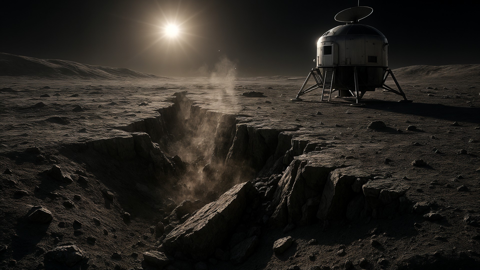 Weltraum, Raumfahrt, Mond, Weltraumforschung, Mondmission, Science-Fiction, Mondoberfläche, Mondlandefähre, Sonnenlicht, Krater, Mondstaub, Mondgestein, Mondexploration, Mondlandschaft, lunare Explosion