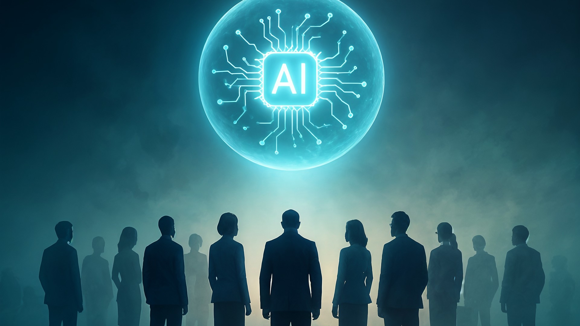 Künstliche Intelligenz, AI, Technologie, Digitalisierung, Business, Innovation, Vernetzung, Zukunft, Blau, Hologramm, Futuristisch, Silhouetten, Teamarbeit, Geschäftsleute, Leuchtend