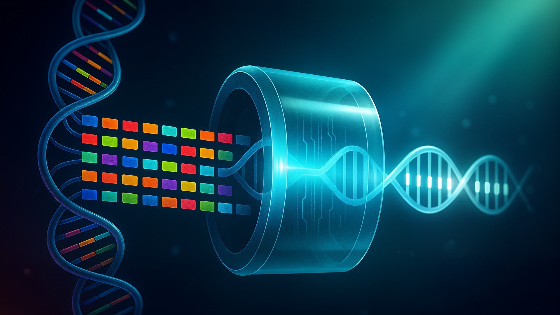 Biotechnologie, Molekularbiologie, Bioinformatik, DNA-Sequenzierung, Genomik, Genanalyse, Genforschung, DNA-Helix, Genetische Codierung, Genetische Daten, DNA-Visualisierung, Digitale Genetik, Futuristische Wissenschaft, Genetische Innovation, Gendiagnostik