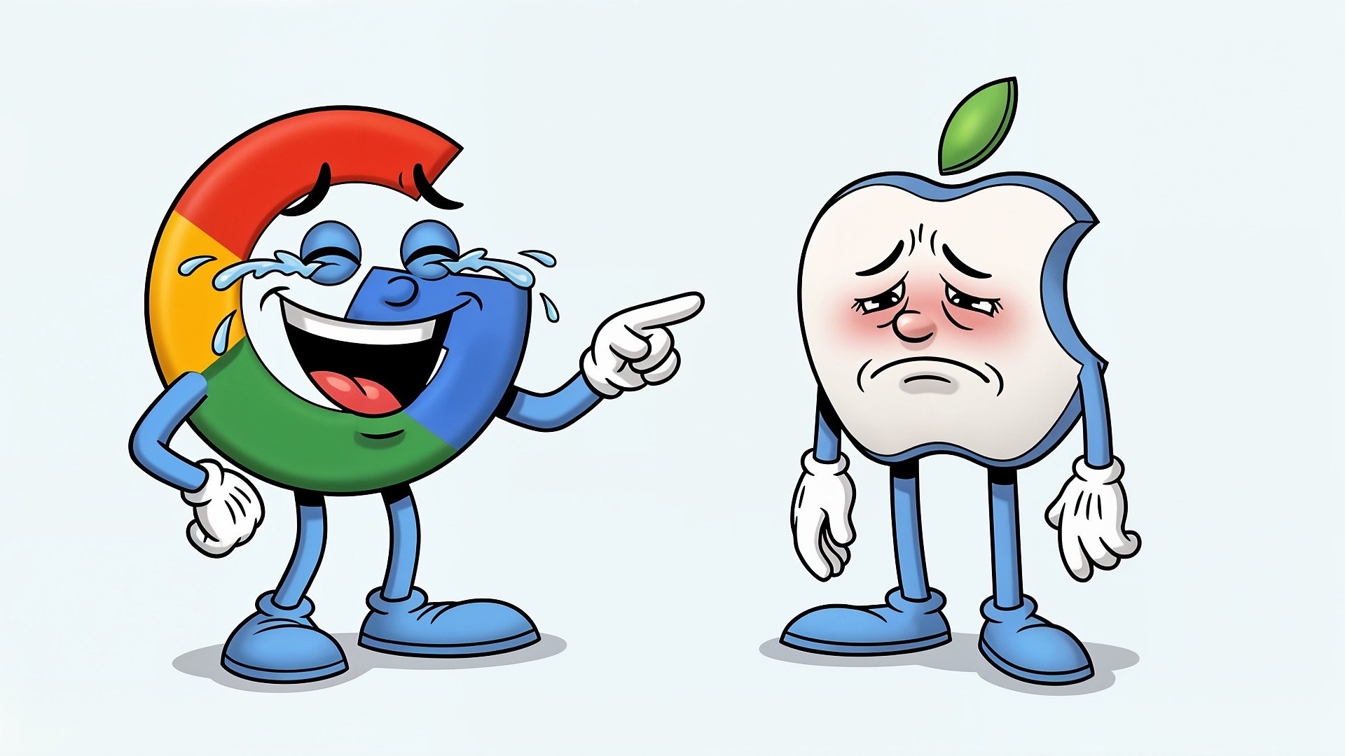 Apple, Google, Logo, Comic, Spott, Rivalität, auslachen