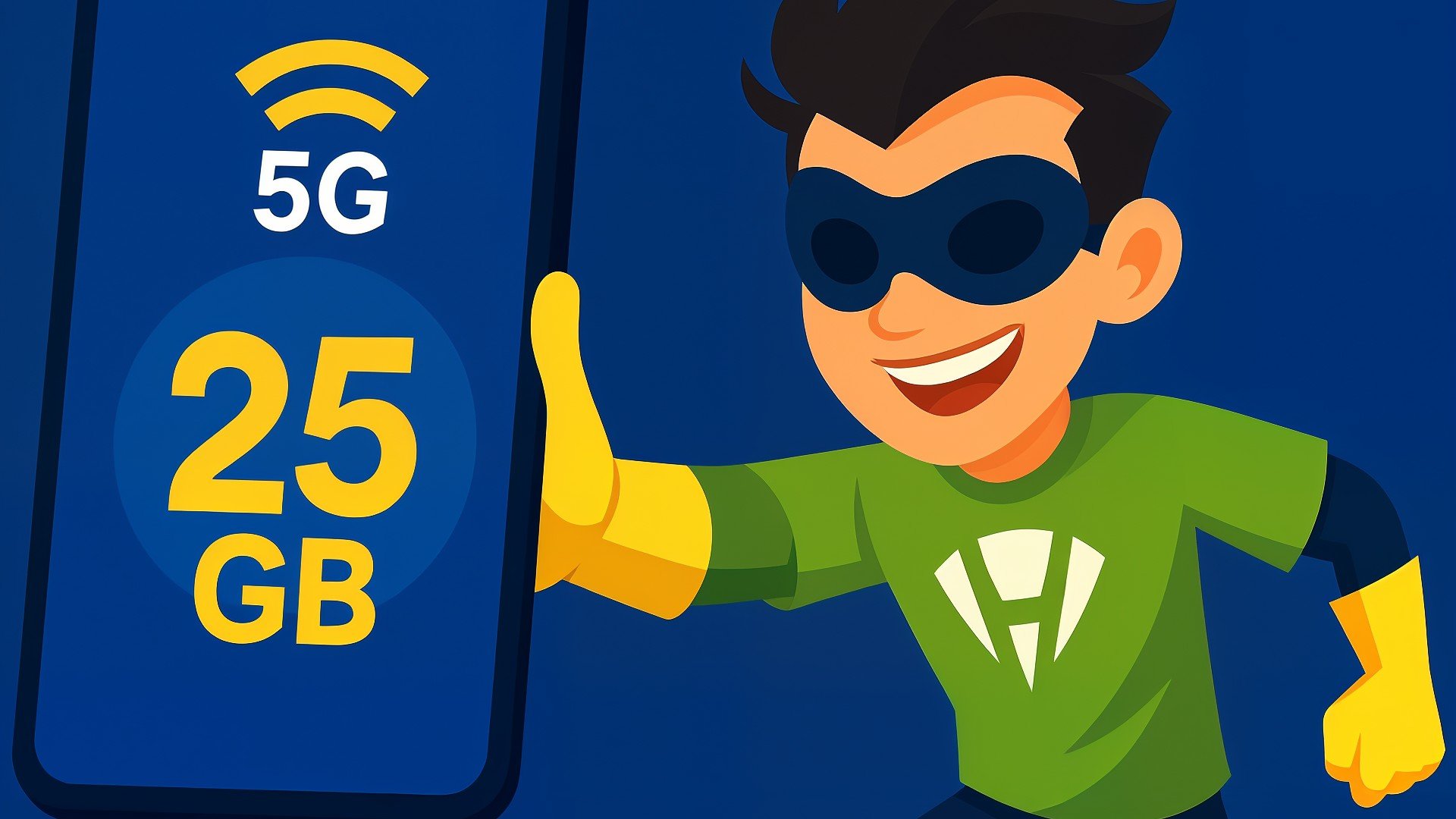 Smartphone, Mobilfunk, Superheld, Mobilfunktarif, Maske, Handyhelden, Cartoon-Figur, Blauer Hintergrund, Daumen Hoch, Handyhelden.de, Schnelles Internet, 5G-Netzwerk, Tech-Illustration, 25GB-Datenvolumen, Grünes Superhelden-Shirt, Lächelnder Charakter, Gelbe Akzente