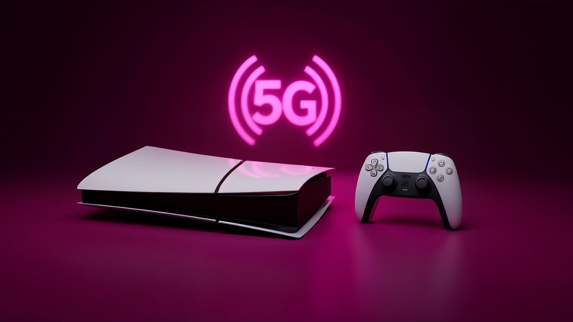 Gaming, Mobilfunk, 5G, Netzwerk, PlayStation 5, ps5, Spielekonsole, Controller, Technologie, Drahtlos, Unterhaltungselektronik, Digitalisierung, Next-Gen, PS5 Slim, Neonlicht, Highspeed-Internet