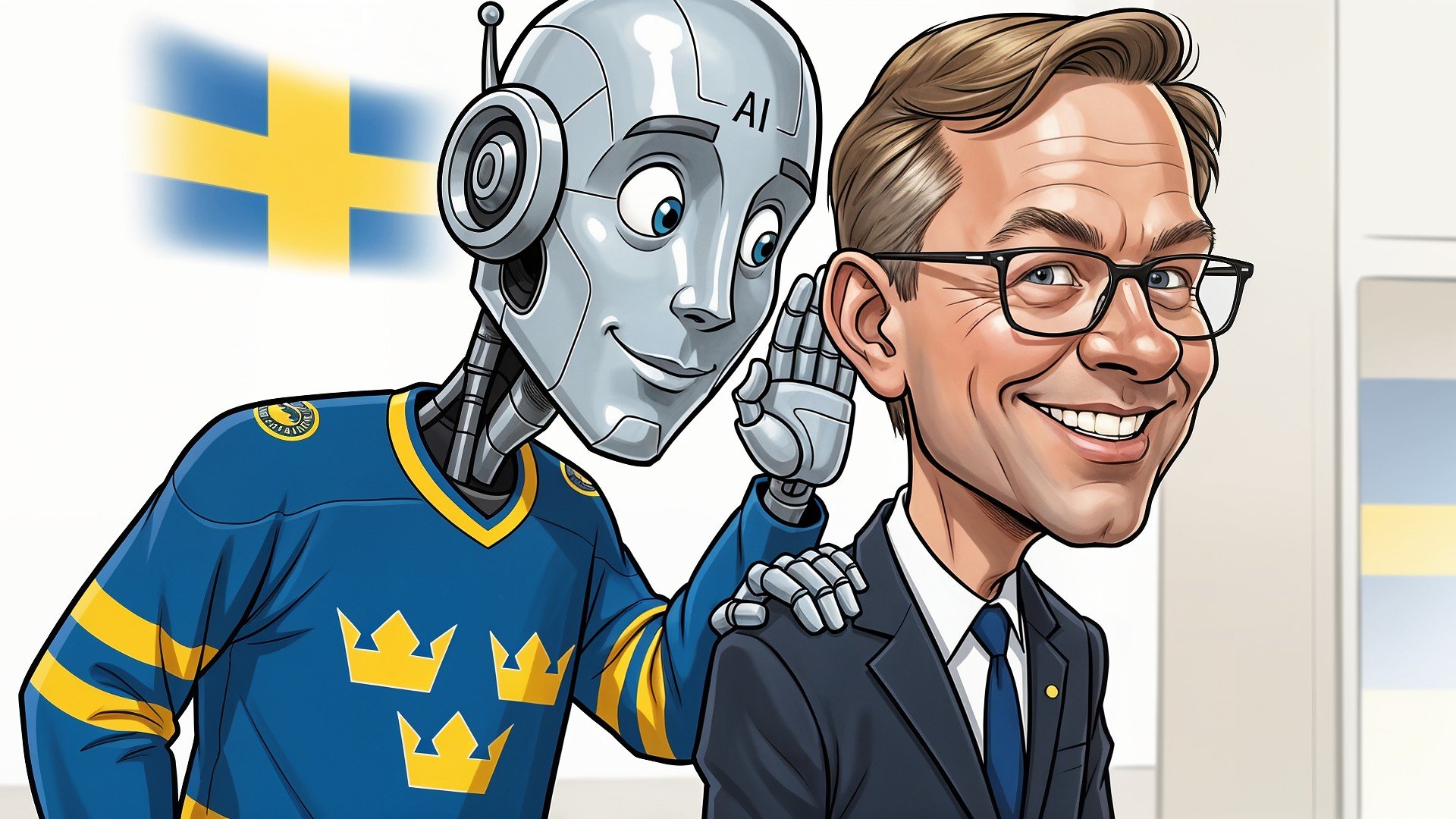 Ki, Künstliche Intelligenz, AI, Roboter, Technologie, Digitalisierung, Innovation, Zukunft, Schweden, Politiker, Cartoon, Fortschritt, KI-Roboter, Premierminister, Ulf Kristersson, Eishockeytrikot, Drei Kronen, Schwedische Flagge
