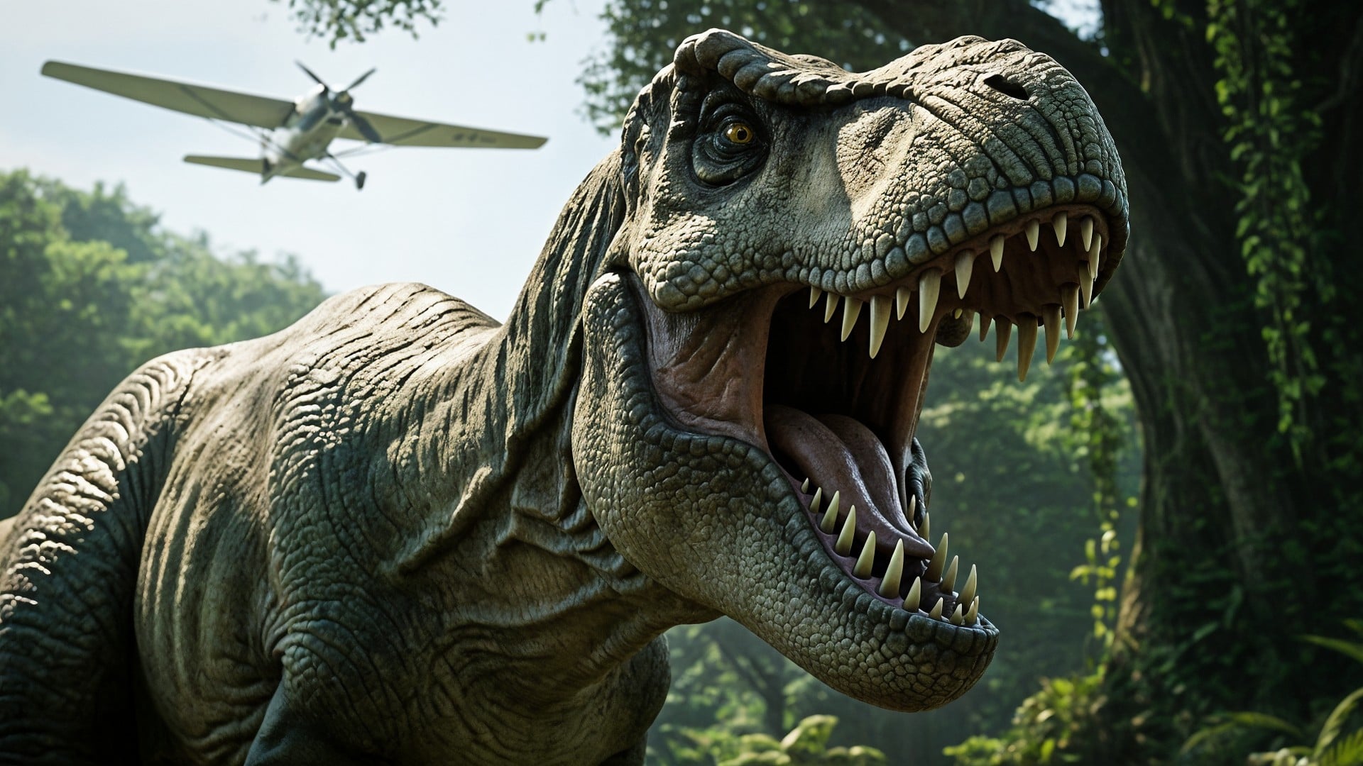 Flugzeug, Flight Simulator, Dinosaurier, Jurassic World, Jurassic Park, Dschungel, Special Effects, Tyrannosaurus Rex, Prähistorisch