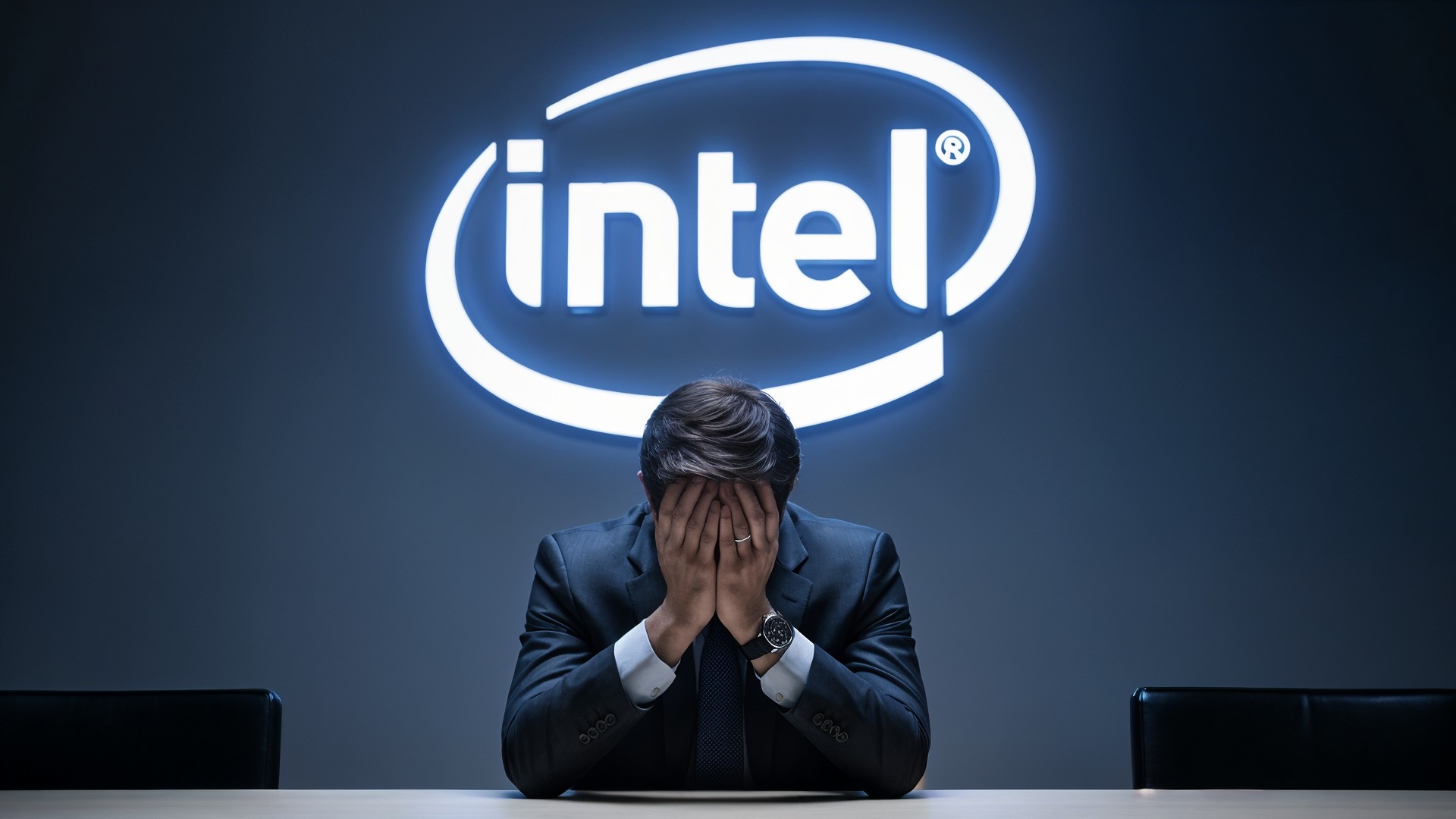 Logo, Intel, Büro, Krise, Technologieunternehmen, Geschäftsmann, Frustration, Stress, Firmenlogo, Markenidentität, Verzweiflung, Herausforderungen, Kopf in Händen, Unternehmensprobleme, Geschäftswelt, Beleuchtetes Logo