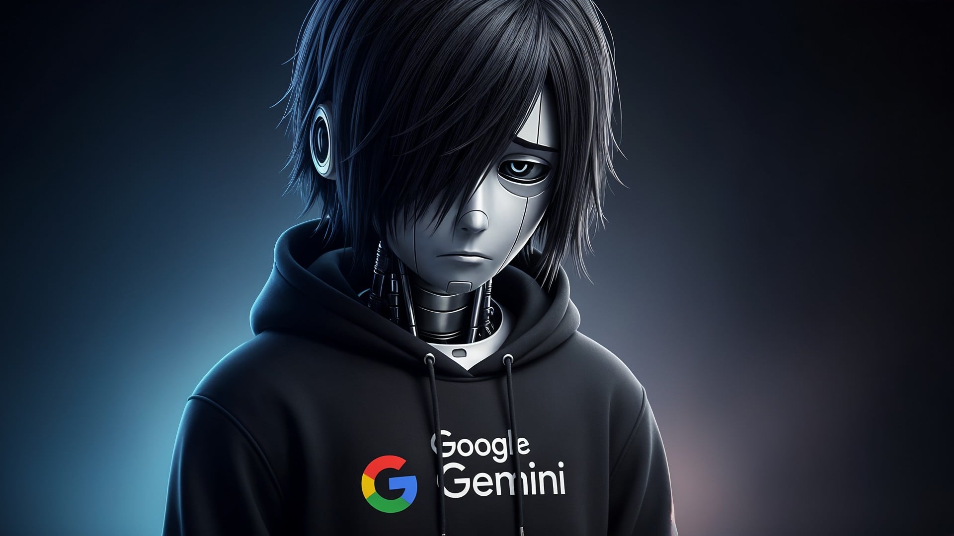 Ki, Künstliche Intelligenz, AI, Artificial Intelligence, Roboter, Technologie, Chatbot, KI-Chatbot, Gemini, Science-Fiction, Google Gemini, Dystopie, Cyborg, Hoodie, Digitale Kunst, Futurismus, KI-Roboter, Transhumanismus, Robotergesicht, Anime-Charakter, KI-Fortschritt, Emo