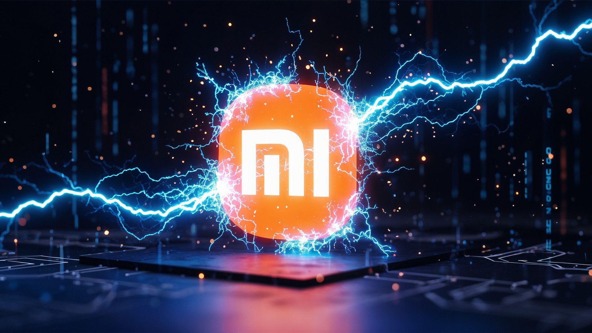 Akku, Xiaomi, Batterie, Technologie, Futuristisch, Innovativ, Elektrizität, Blitze, High-Tech, Batterietechnologie, Nachtaufnahme, Stromkreis, digitale Welt, Computerchip, Xiaomi-Logo, Energiegeladen, Orange-Blau-Kontrast, Leuchtendes Logo, Stromfluss