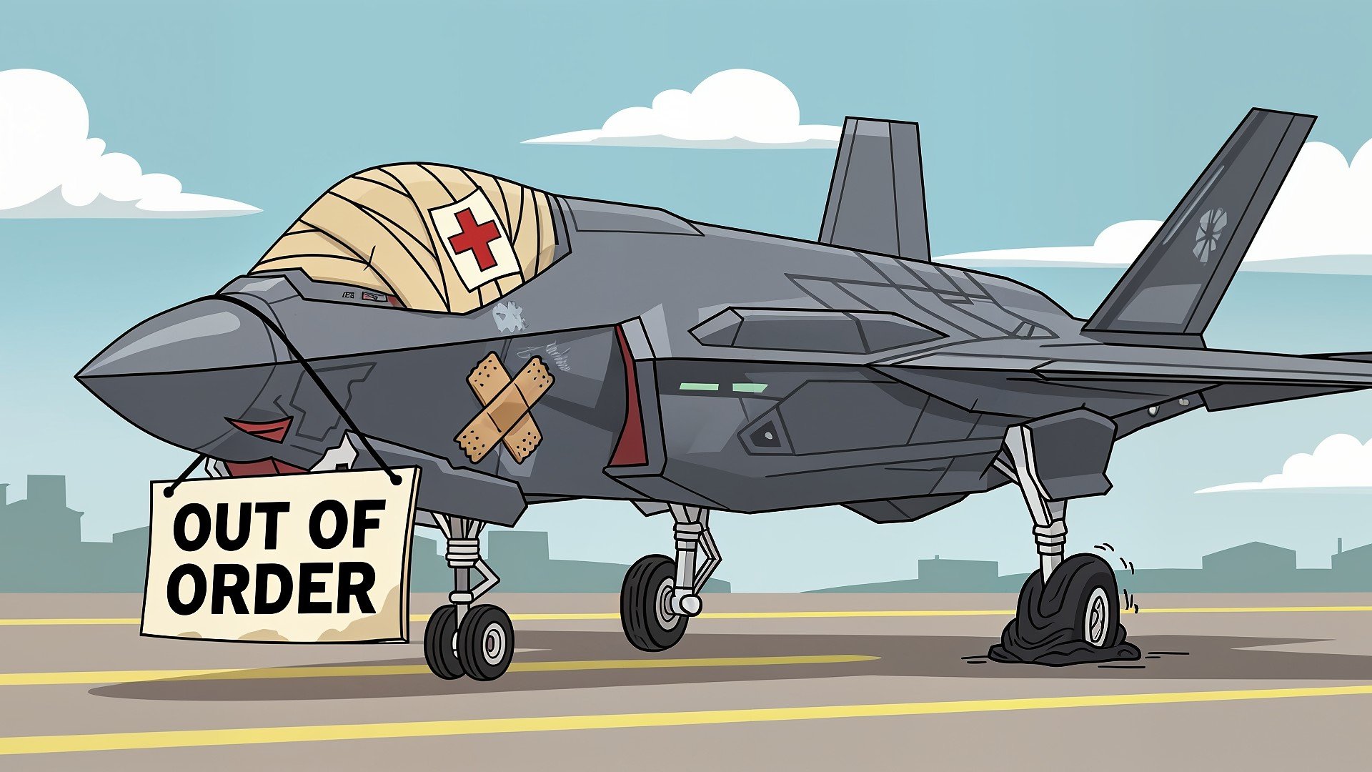 Reparatur, defekt, Kritik, Luftfahrt, Karikatur, Militärtechnik, Humor, F-35, Militärflugzeug, Pflaster, Verband, Stealth-Technologie, Technische Schwierigkeiten, F-35-Kampfjet, Wartungsprobleme, Außer Betrieb, Verteidigungsindustrie