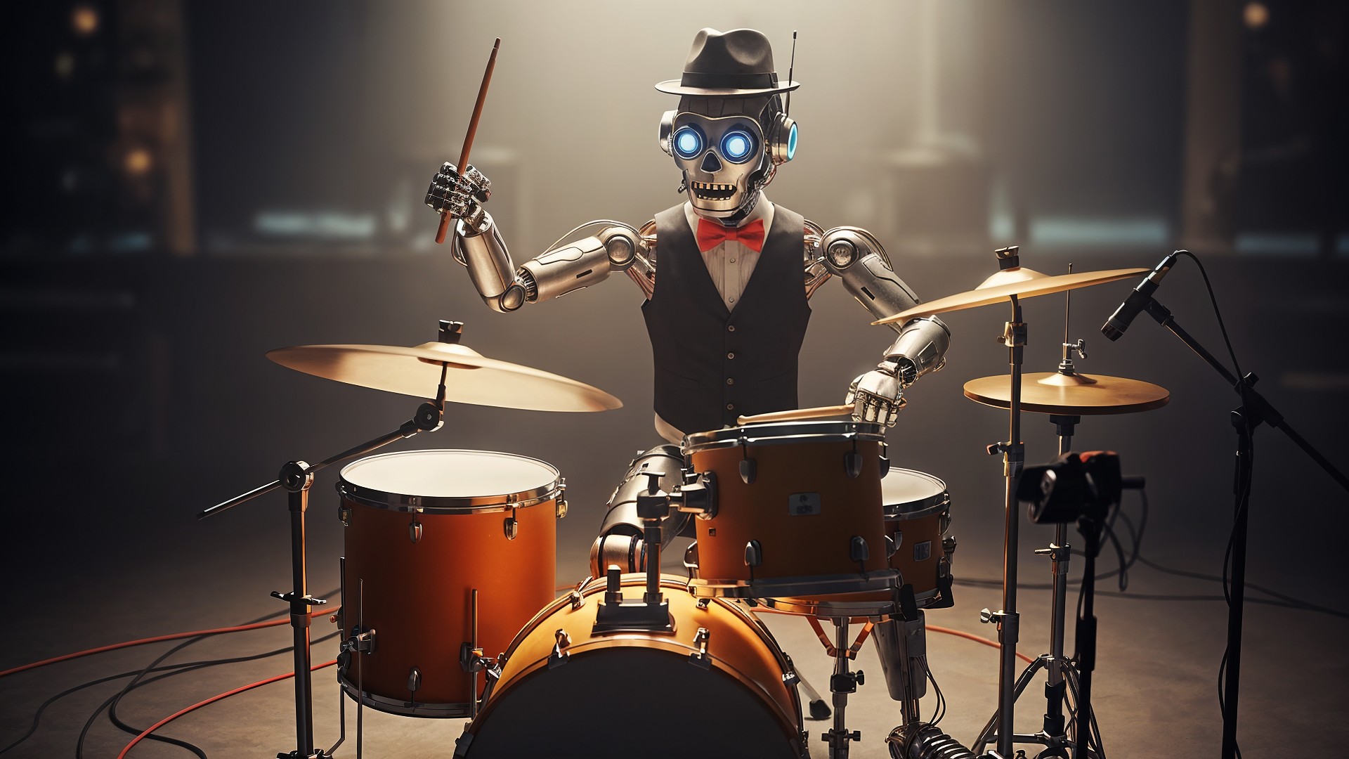 Künstliche Intelligenz, Mensch-Maschine-Interaktion, Digitale Unterhaltung, KI-Musiker, Retro-Futurismus, Schlagzeug, Roboter-Schlagzeuger, Cyborg-Drummer, Musikrobotik, Roboter-Ensemble, Musikautomation, Robotermusik, Technologie-Kunst, Roboter-Performance, Zukunft der Musik