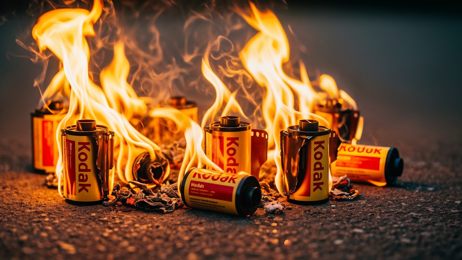 Feuer, Kodak, Kontroverse, Flammen, Filmrolle, Eastman Kodak, Symbolbild, Kodak-Filmrollen, brennende Filme, Analogfotografie, Vintage-Fotografie, Fotomaterial, Filmverbrennung, Fotografie-Kunst, Filmnegative, Brennende Kunst