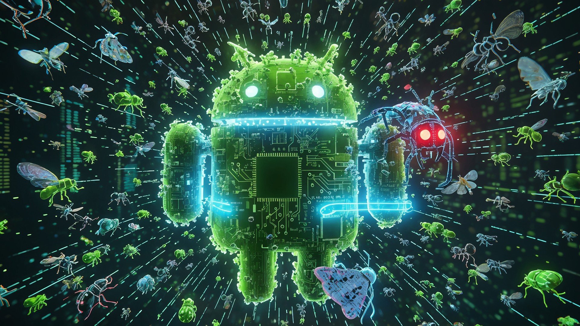 Android, Datenschutz, Künstliche Intelligenz, Fehler, Malware, Bug, Schadsoftware, Bugs, Fehlerbehebung, Bugfix, Cybersicherheit, Error, Bugs bugs bugs, Internet der Dinge, Netzwerksicherheit, Digitale Transformation, Technologie-Ökosystem, Digitale Insekten, Cyberbedrohungen, Digitale Evolution, Technologie-Symbole
