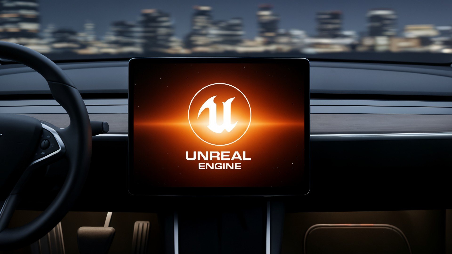 tesla, Tesla Motors, Technologie, Unreal Engine, Cockpit, Stadtpanorama, Fahrzeugsoftware, Fahrzeug-Display, Infotainment-System, Autoinnenraum, Nachtfahrt, Gaming-Engine, Autotechnologie, Digitales Armaturenbrett, Automotive UI, Fahrzeug-HMI, Nachtstadt