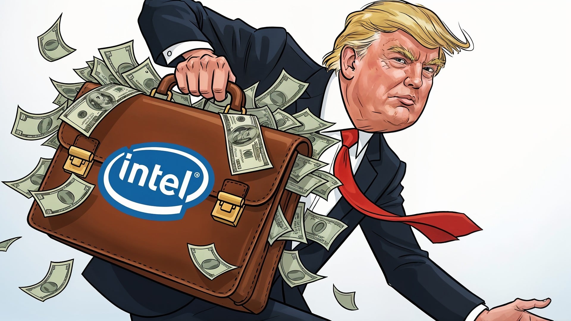 Intel, Donald Trump, trump, Halbleiterindustrie, Tech-Industrie, Comicstil, Geldregen, Wirtschaftswachstum, Übertreibung, Dollarnoten, Trump-Karikatur, Intel-Investition, Geldkoffer, US-Wirtschaftspolitik, Wirtschaftskarikatur, Aktentasche