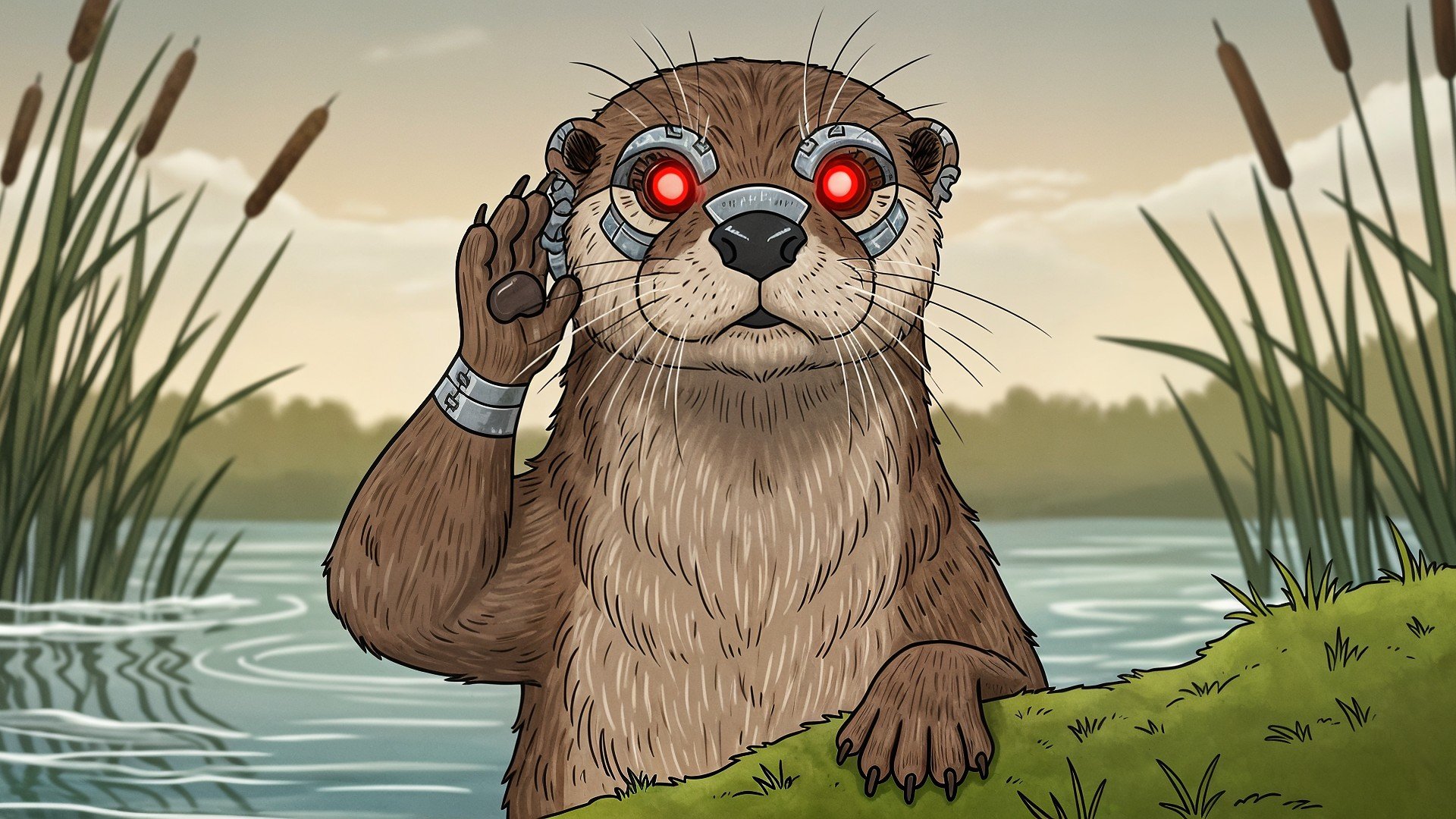 Digitale Kunst, Futurismus, Rote Augen, Otter.ai, Cyborg-Otter, Roboter-Tier, Bionic-Otter, Flusslandschaft, Schilf, Ufer, Sci-Fi-Illustration, Otter