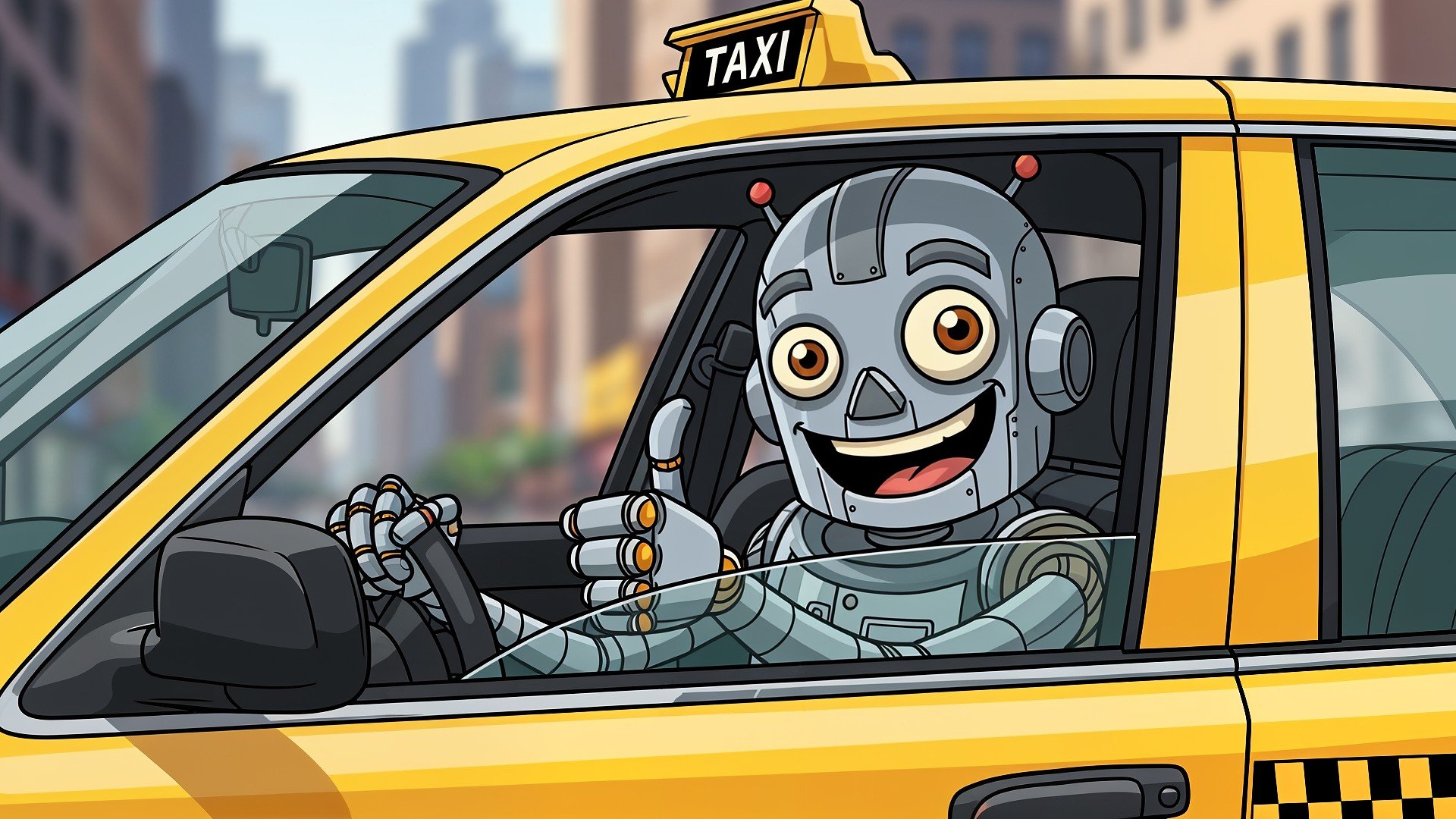 Künstliche Intelligenz, Roboter, Selbstfahrendes Auto, Digitalisierung, autonomes Fahren, Automatisierung, Zukunftstechnologie, Taxi, Robotaxi, Cartoon, Karikatur, Smart City, Stadtverkehr, Technologie-Innovation, Transportwesen, Urbane Mobilität, Roboter-Taxifahrer