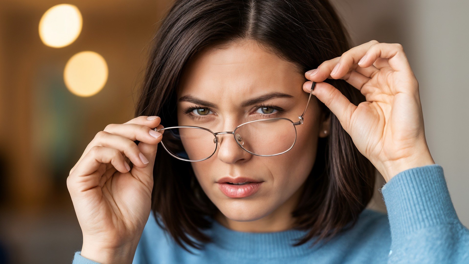 Brille, Optik, Nahaufnahme, Konzentration, Sehschwäche, Sehkorrektur, Brillenträgerin, Augenoptik, Metallgestell, Ovale Brille, Frau mit Brille, Brillenanprobe, Blauer Pullover, Fokussiert, Scharfes Sehen