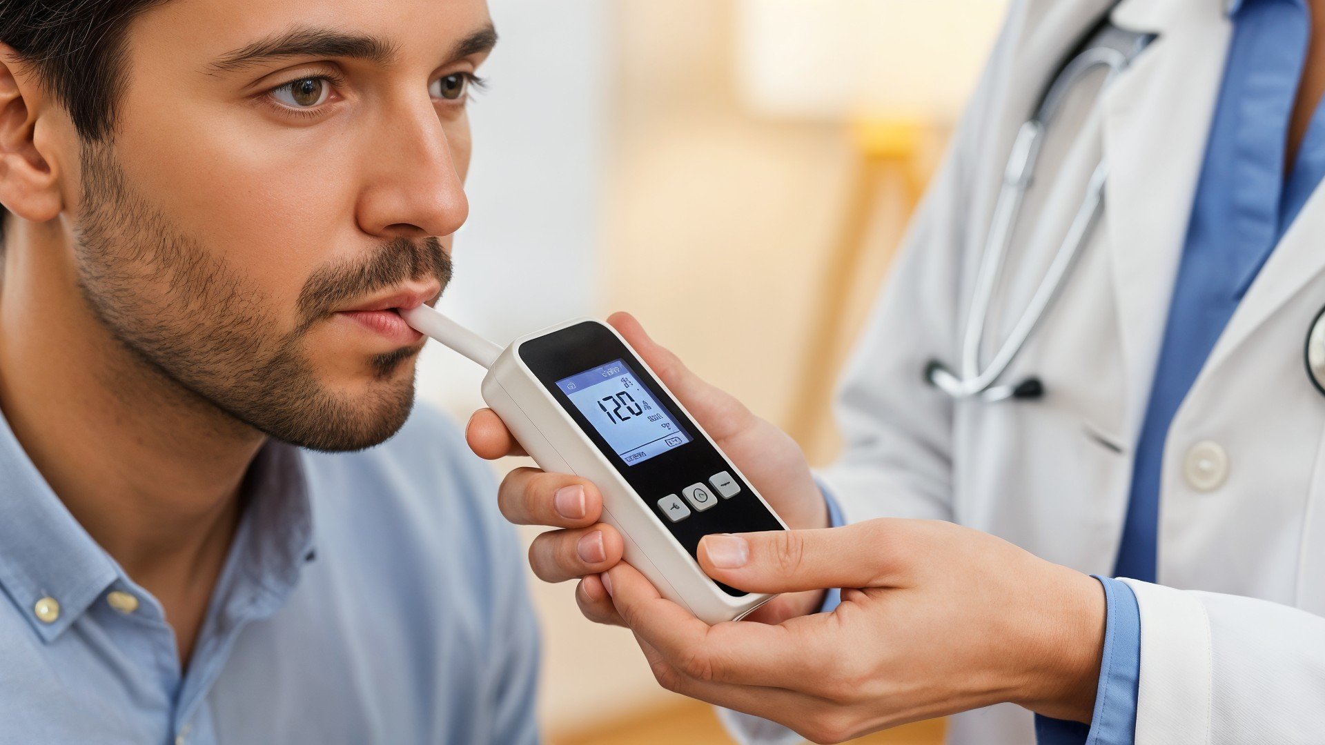 Arzt, Gesundheitswesen, Arztbesuch, Alkoholtest, Arztpraxis, Präventivmedizin, medizinische Untersuchung, Gesundheitscheck, Atemalkoholmessgerät, Atemprobe, digitales Messgerät, Diagnoseinstrument, Alkoholkontrolle, Atemalkoholkonzentration, Promillewert, Nüchternheitsprüfung, Gesundheitsvorsorge, Patientenuntersuchung, Atemtest