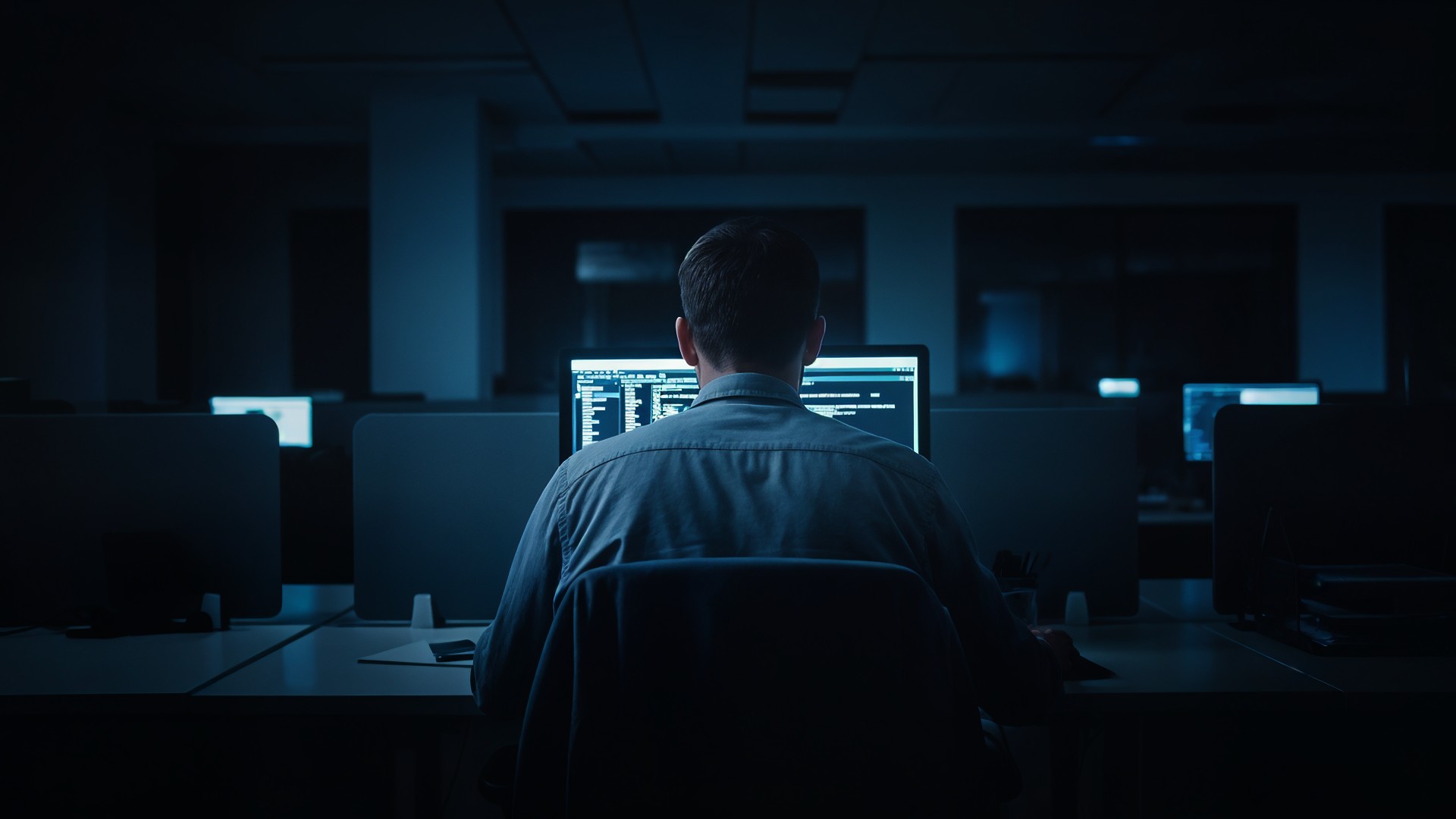 Hacker, überwachung, Technologie, Programmierung, Softwareentwicklung, Nacht, überarbeitet, Konzentration, Computerbildschirm, Nachtarbeit, Nachtschicht, Dunkles Büro, Codieren, Computernetzwerk