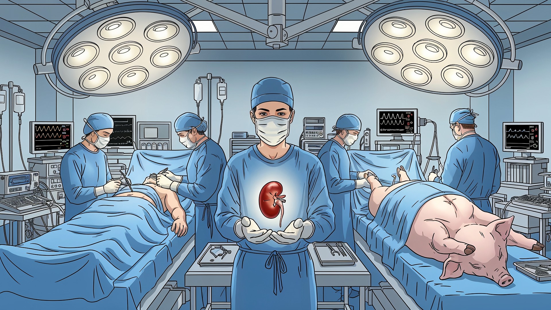 Monitore, Medizintechnik, Patient, Medizinische Innovation, Chirurg, Schwein, Operationssaal, Chirurgie, organtransplantation, Xenotransplantation, Nierentransplantation, Schweineorgan, Ärzteteam, OP-Lampen, Operationstisch